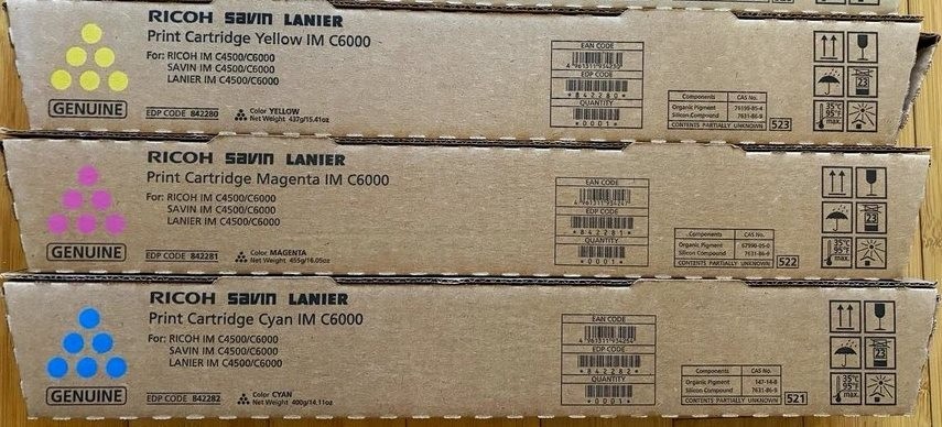 Set of 3 OEM Genuine Ricoh IM C6000/IM C4500 MYC Toners 842280 842281 842282