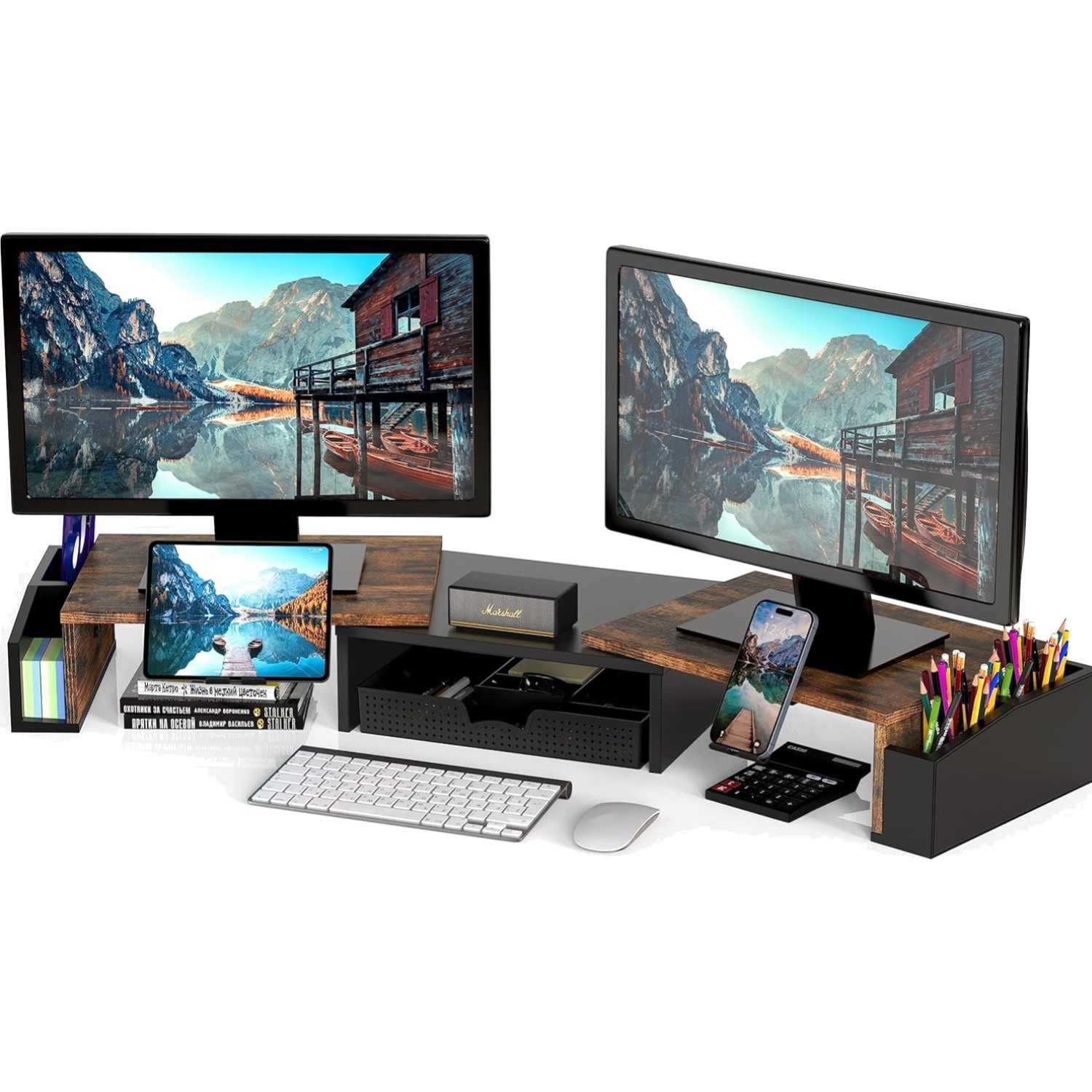 Extendable Rustic Brown Monitor Riser for Dual Displays - Organized Workspace