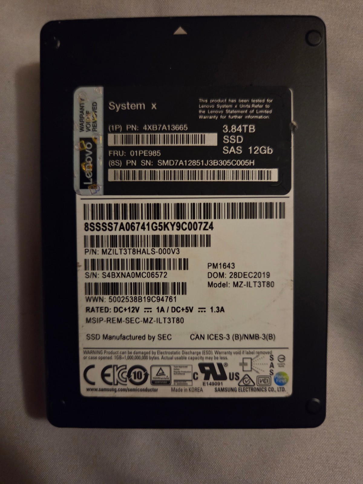 Lenovo System X 3.84TB SSD SAS 2.5" 01PE985 4XB7A13665 MZ-ILT3T80 100% HEALTH