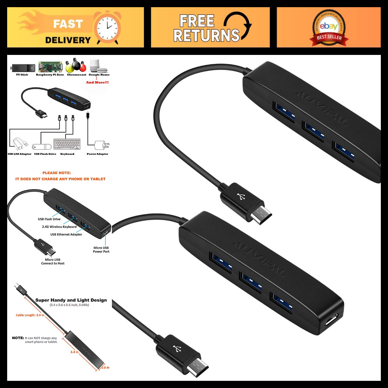 3-Port Micro USB OTG Hub Adapter - 3 USB + Power Port for Fire Stick, Raspberry