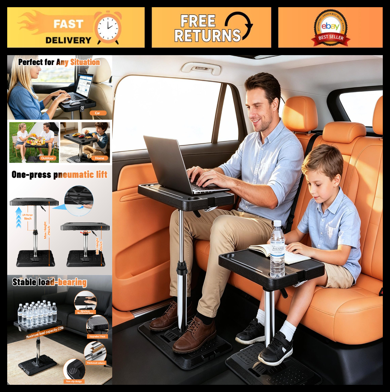 Portable Car Laptop Desk Tray - Front/Rear Seat Table for Work & Travel