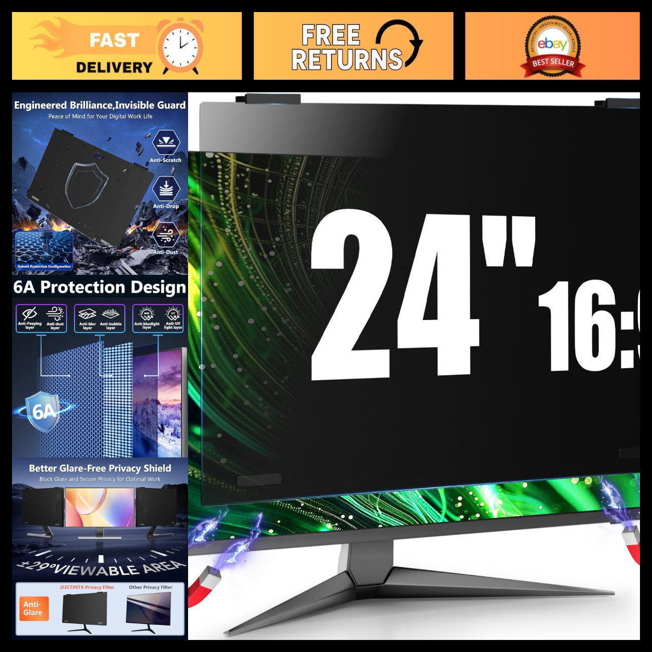 24" Magnetic Privacy Screen Filter for Frameless Monitor - Anti-Glare, Blue Ligh