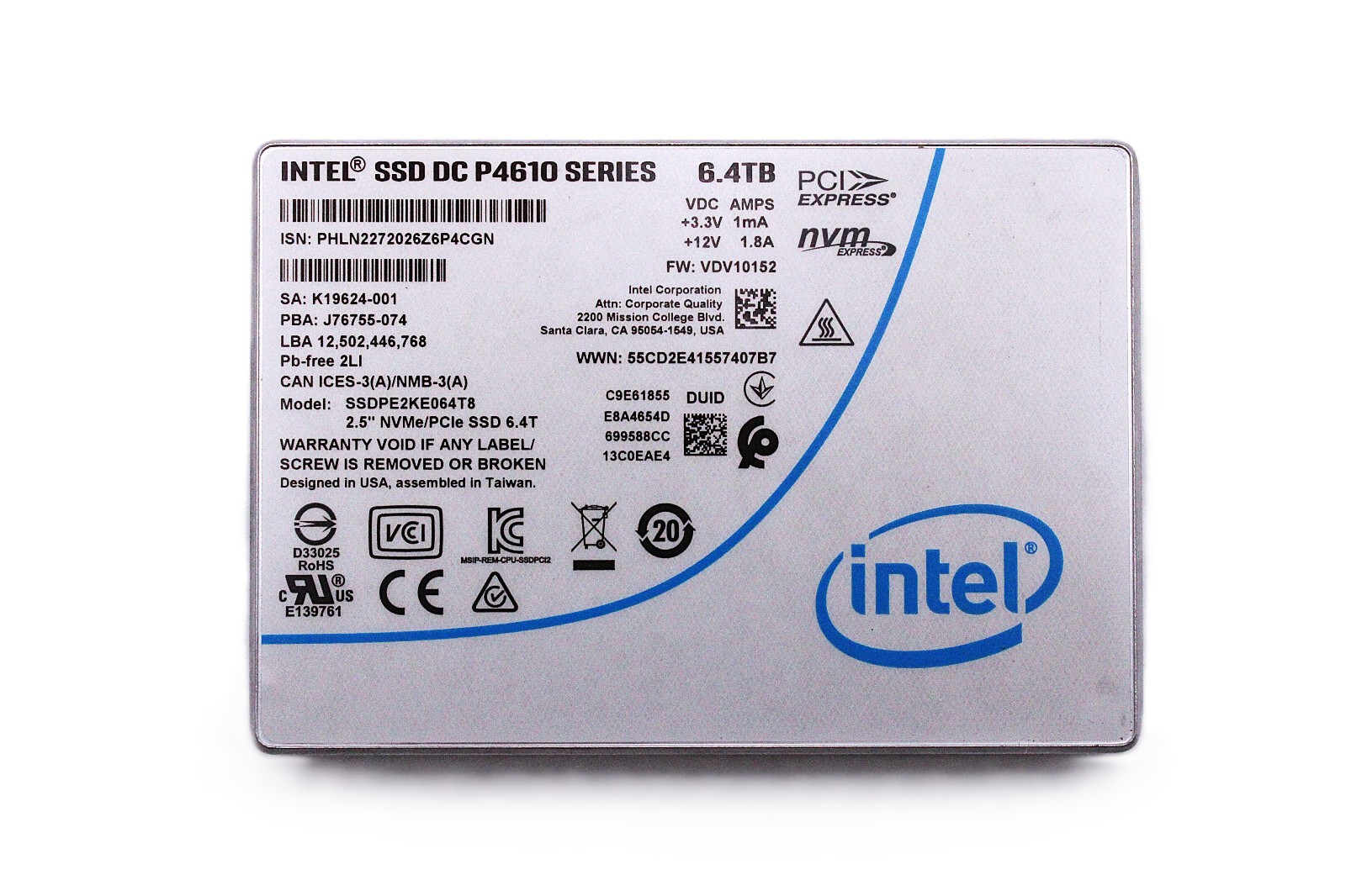 Intel DC P4610 Series 6.4TB NVMe PCIe 2.5in U.2 SSD SSDPE2KE064T8 LOW HOURS