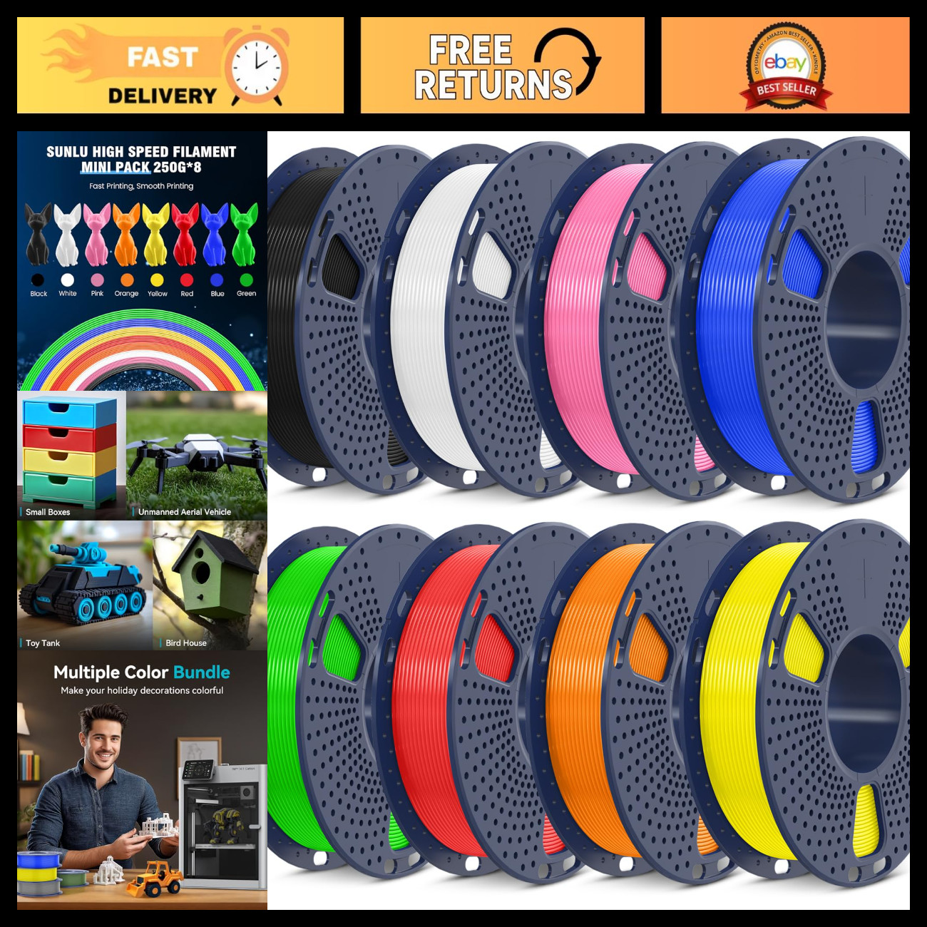 High Speed PLA Filament Bundle - 8 Packs, Multi-Color 3D Printing Material