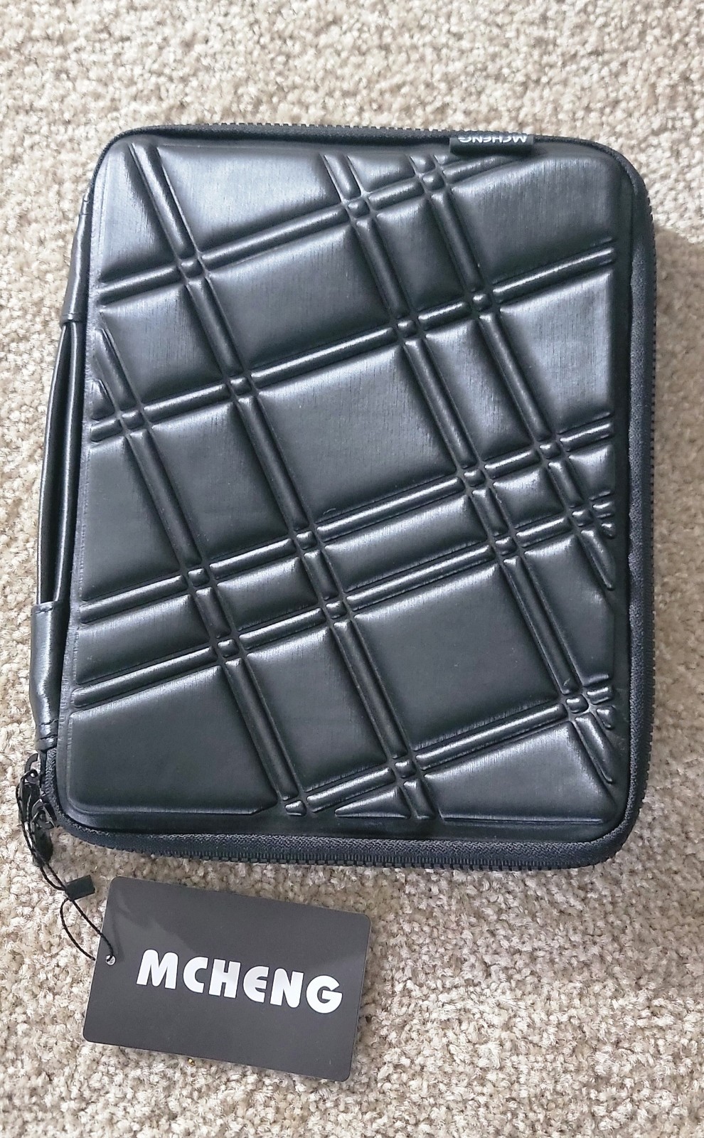 MCHENG Black Synthetic Leather Tablet Sleeve Pouch with Mesh Pockets and Strap