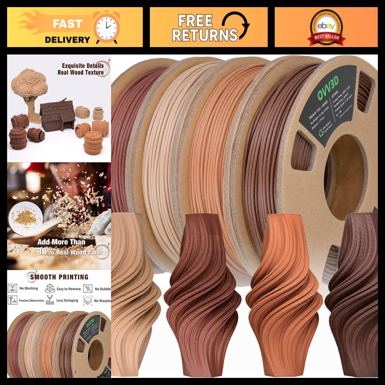 Wood PLA 3D Printer Filament Bundle - 30% Real Wood Fiber, 1.75mm, Eco-Friendly