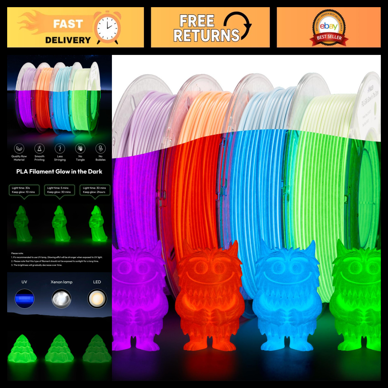 Glow in the Dark Silk PLA Filament 1.75mm Multicolor 200g x 4 Pack - High Accura
