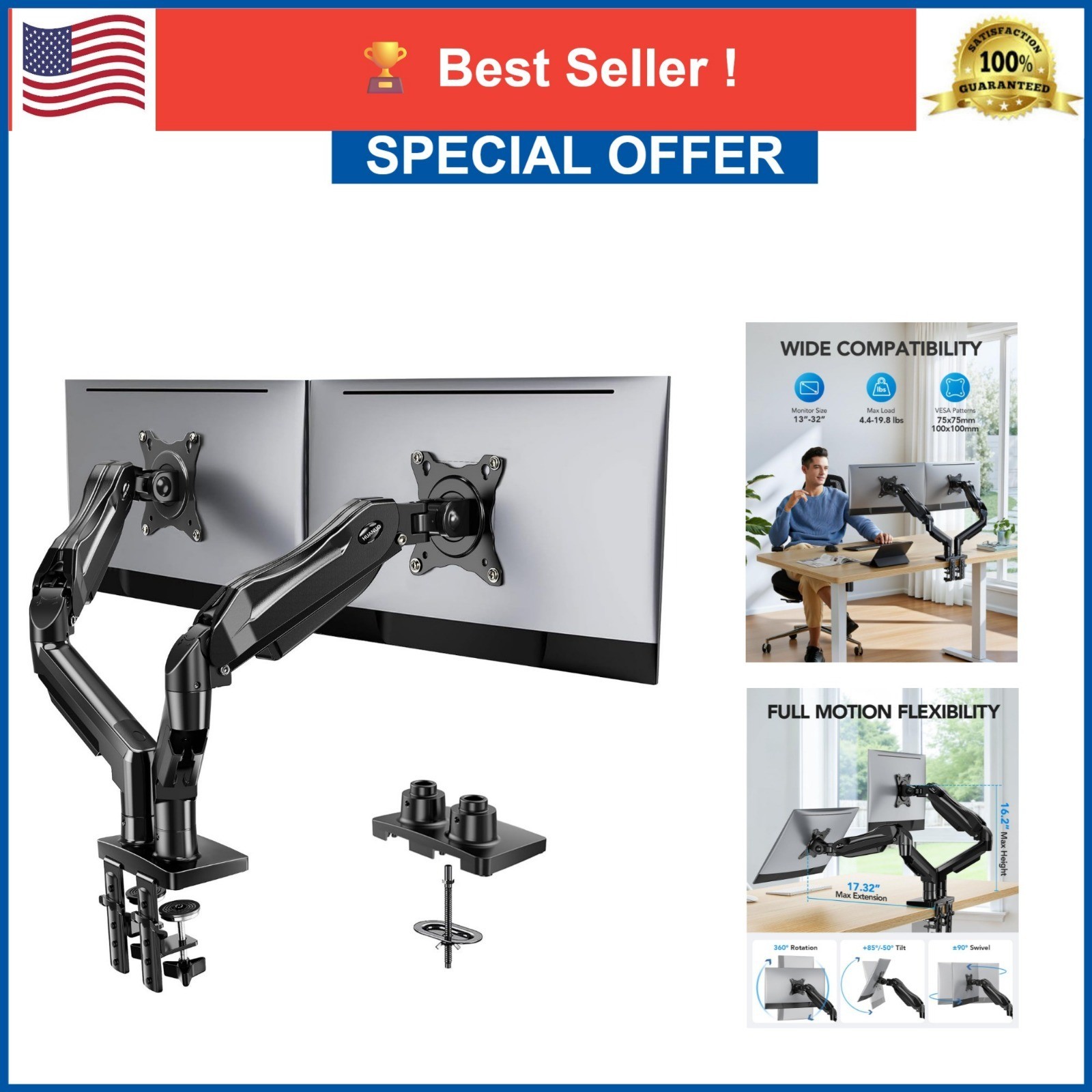 HUANUO Dual Monitor Stand, Adjustable Desk Mount for 13-32 in Screens, VESA
