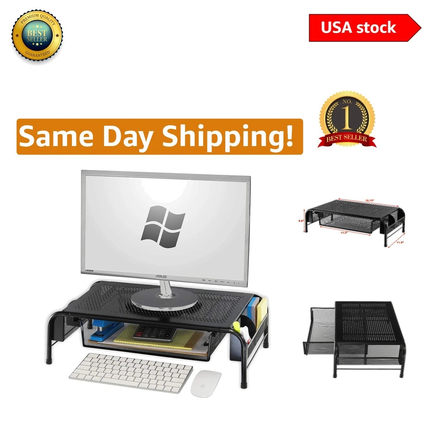Space-Saving Black Metal Desk Riser with Organizer Drawer for Office Essentials