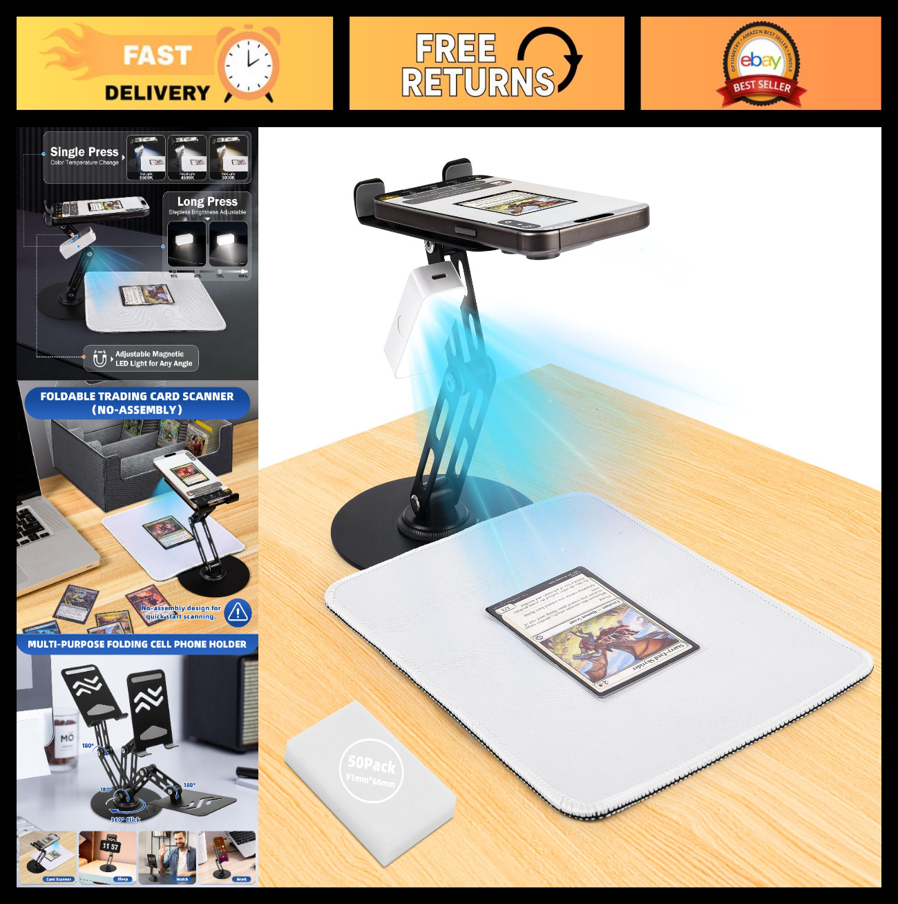 Trading Card Scanner Stand with Magnetic LED Light & Foldable Phone Holder - Qui
