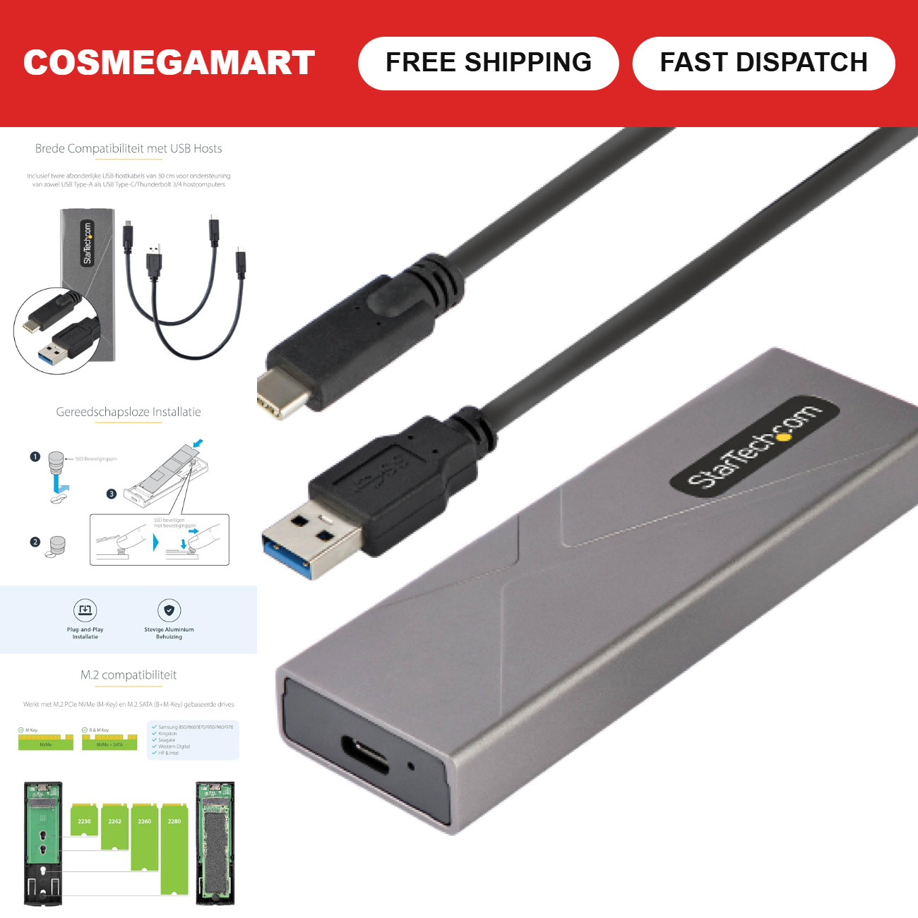 M.2 NVMe SATA SSD Enclosure USB-C 10Gbps High-Speed External Drive Case