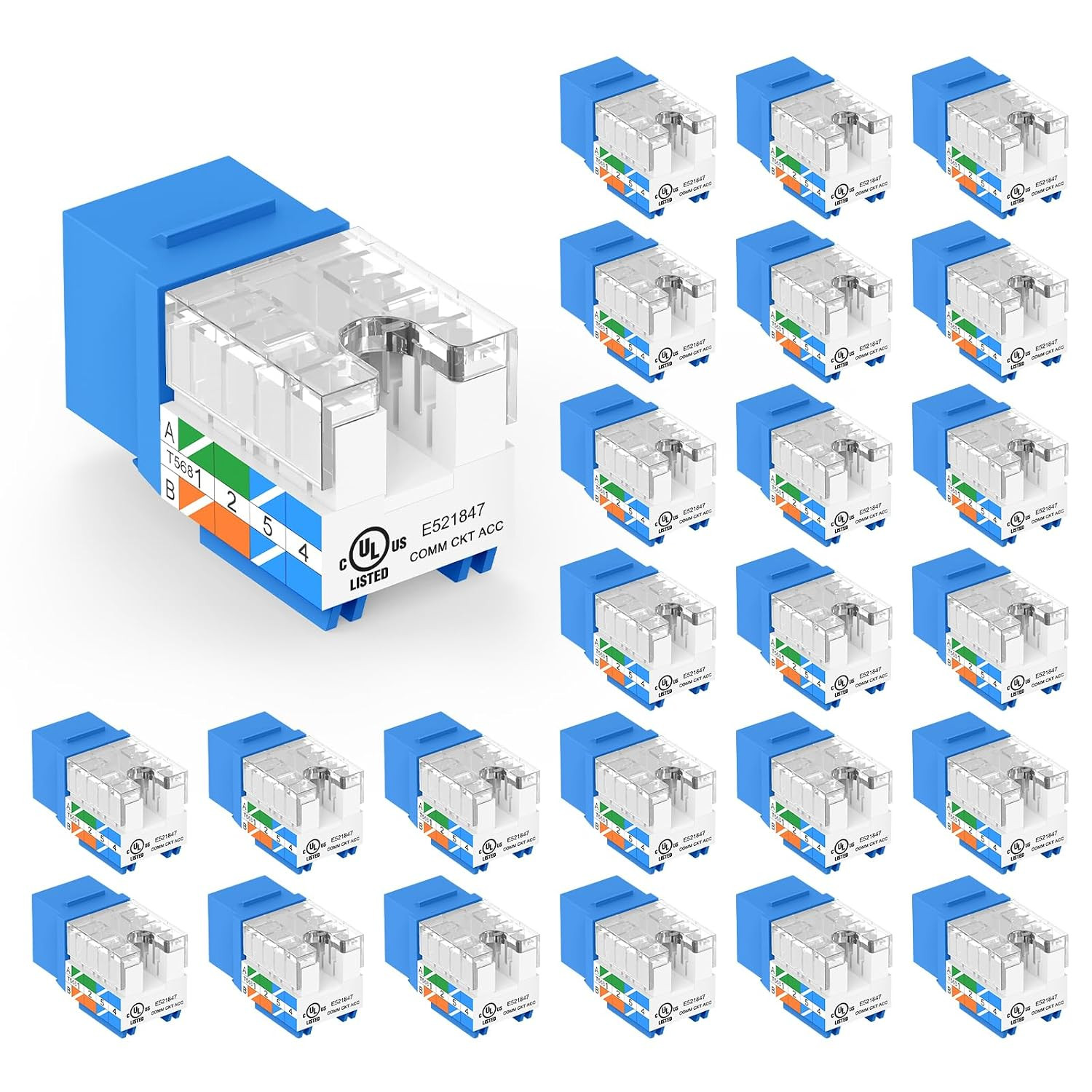 UL Listed Cat6 Keystone Jacks 10Gbps 25-Pack, Blue