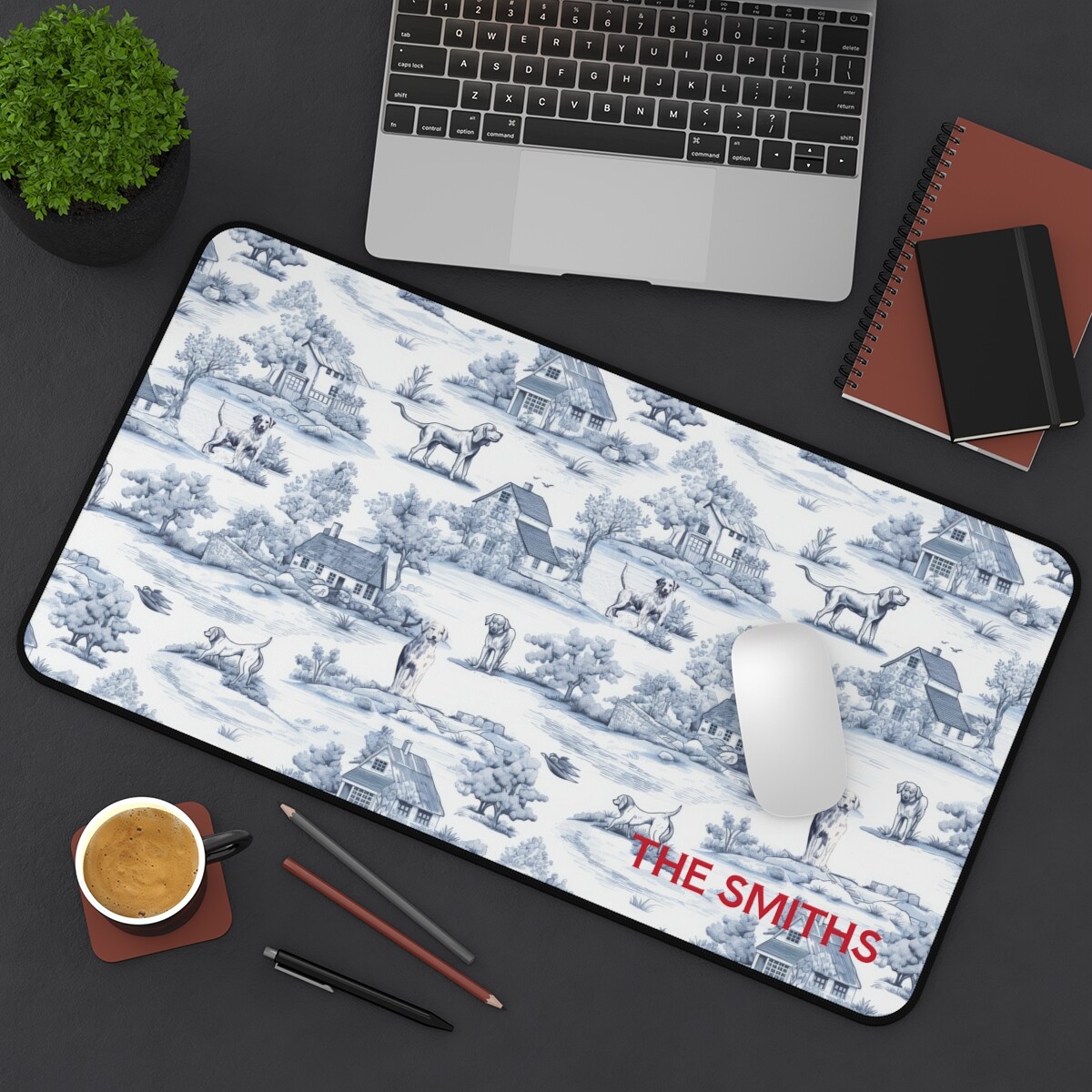 Personalized or Monogram Nora Farmhouse Dogs Blue French Toile Print Desk Mat