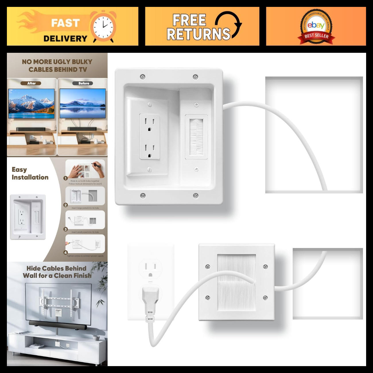 Wall Cable Management Kit with Brush Plate & 9.8FT Cord, Recessed AC Outlet Box