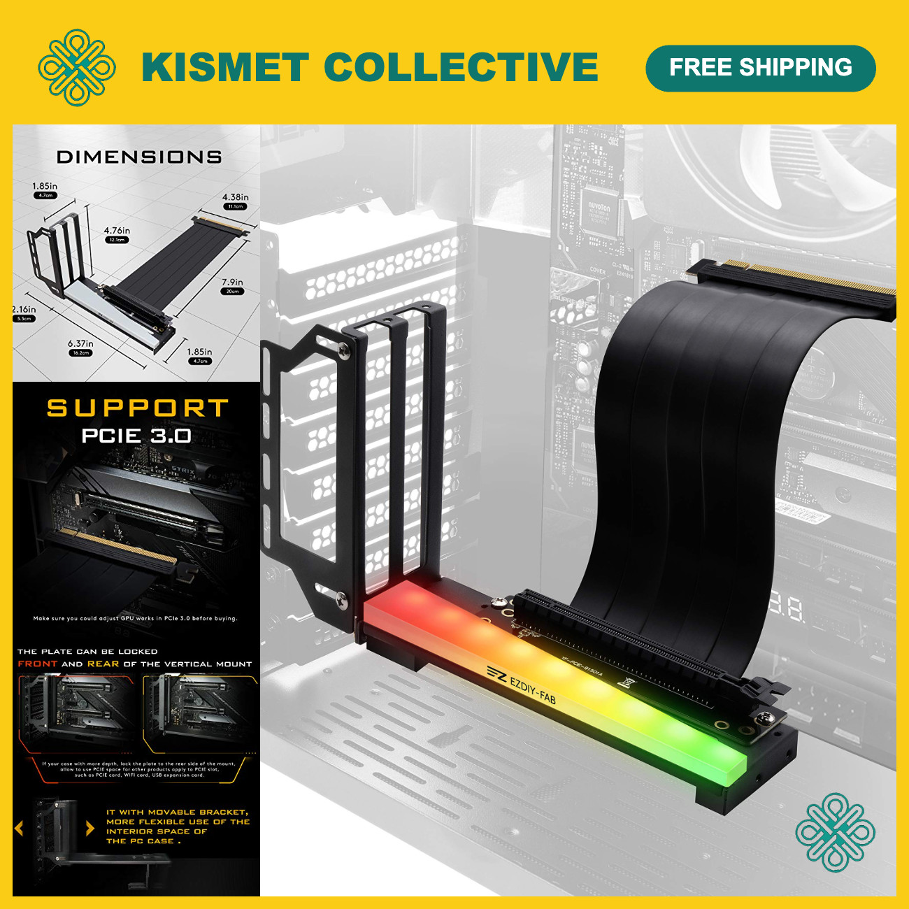 Vertical Graphics Card Holder Bracket with ARGB LED, GPU Mount & PCIe 3.0 Riser