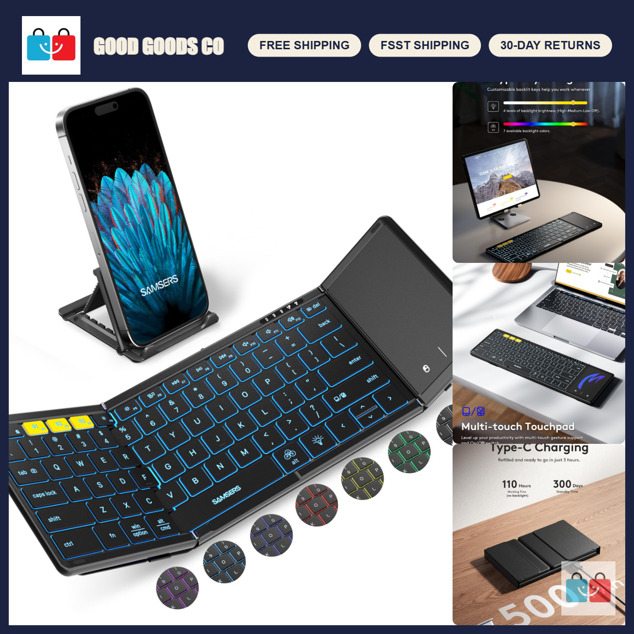 Full-Size Backlit Bluetooth Keyboard with Touchpad, Foldable, Wireless, Black