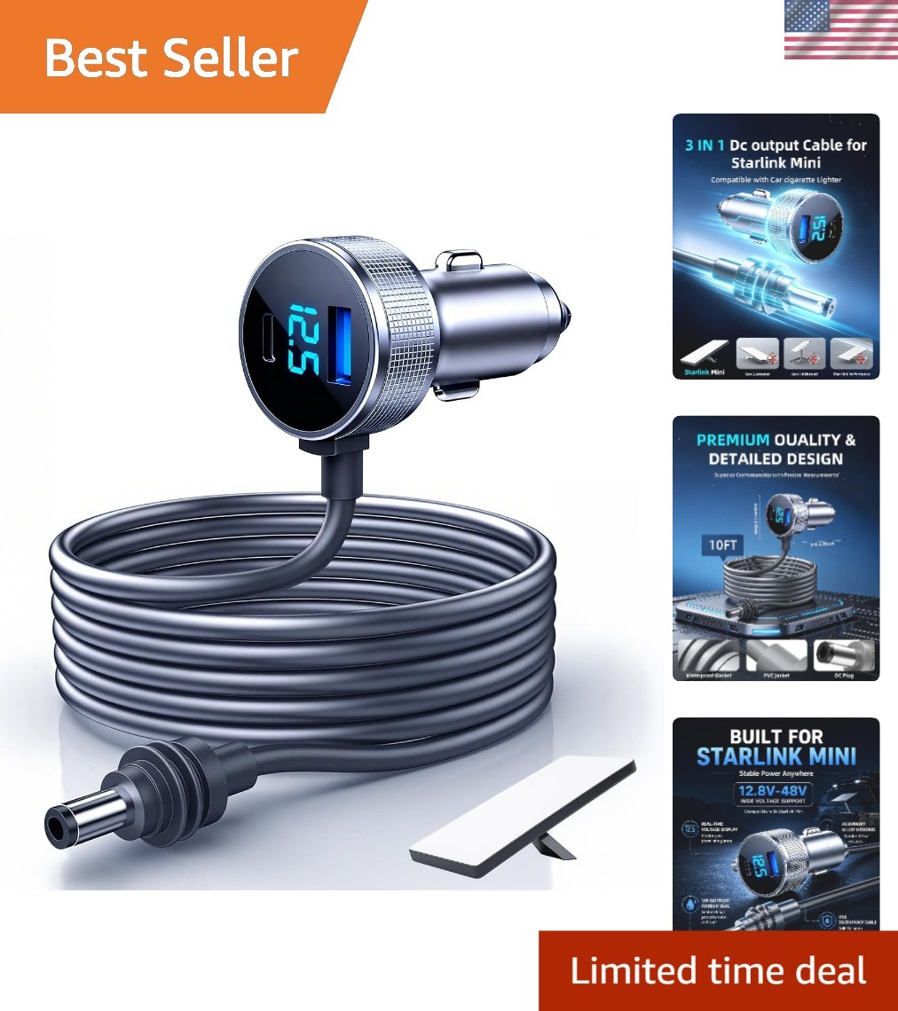 Compact Starlink Mini Car Adapter with Digital Voltage Display & Dual USB Ports