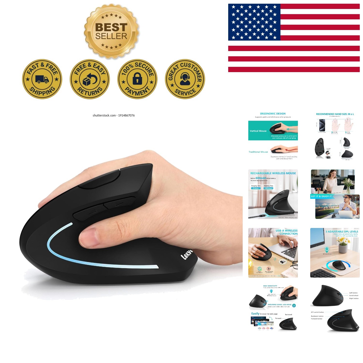 Ergonomic Vertical Wireless Mouse - Rechargeable & Adjustable DPI for Comfort