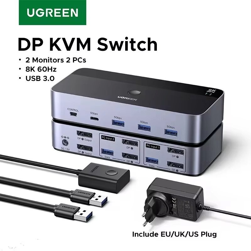 8K DisplayPort KVM Switch 2 Monitors 2 PCs USB 3.0 Switcher