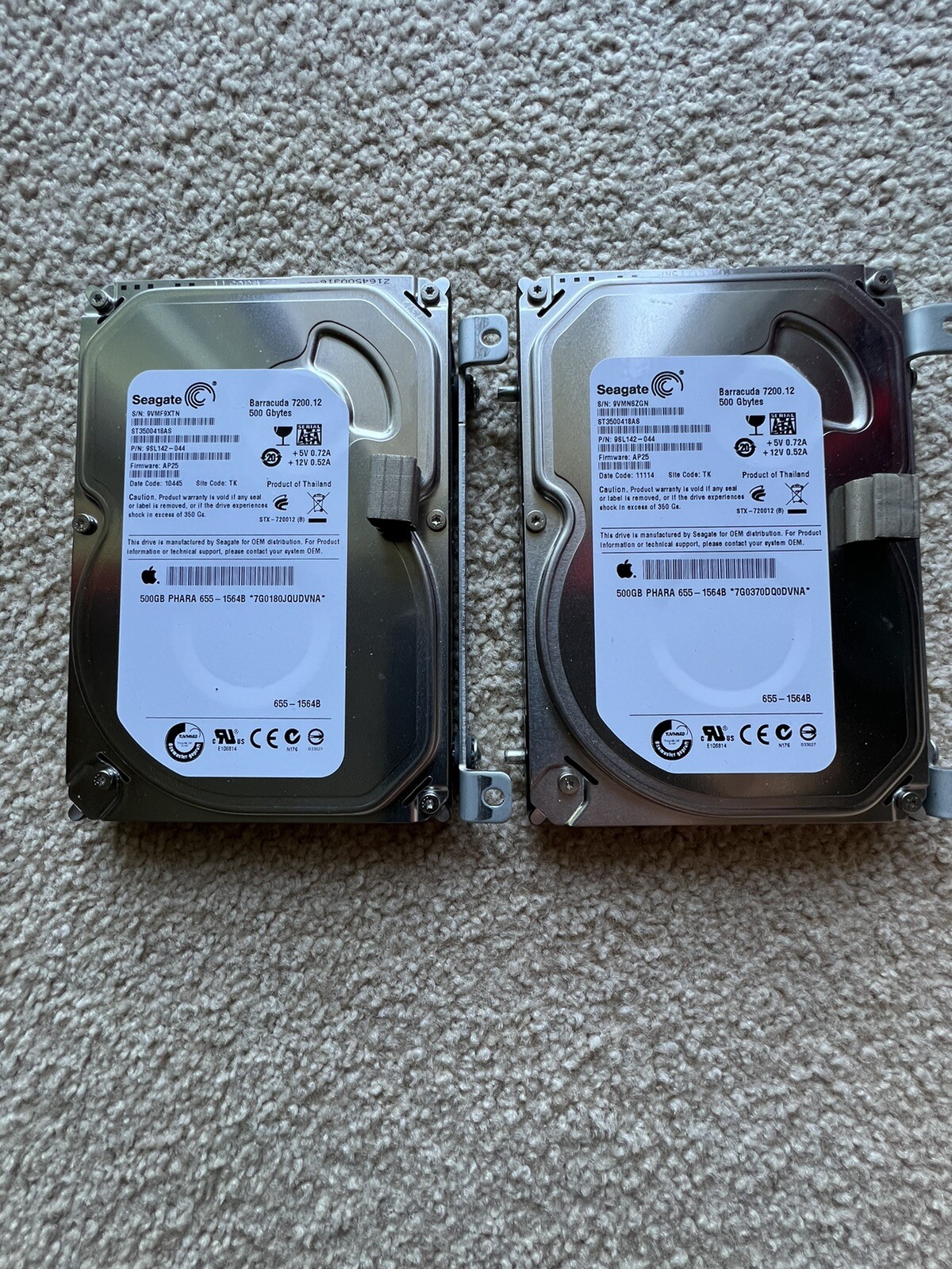 Two Apple-Seagate Barracuda 500GB 3.5" SATA Server Hard Drive 9SL142-044