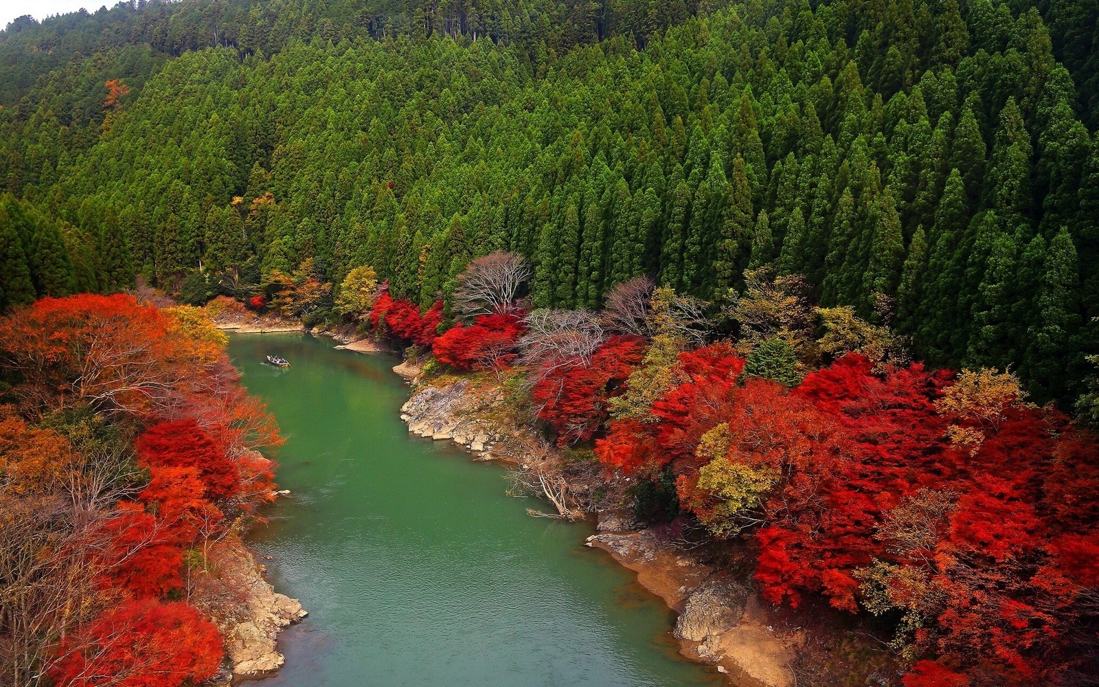 Landscape fall river forest japan red green leaves trees Custom Gaming Mat Desk