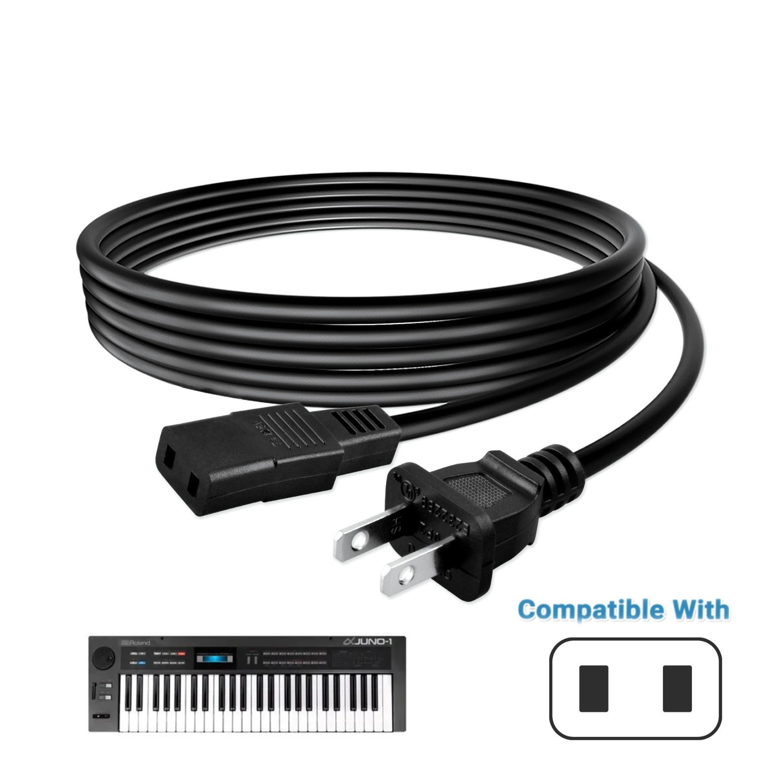 8FT 2 Prong AC Power Cord for Roland Alpha Juno 1 & 2 106 D10 D50 Synth