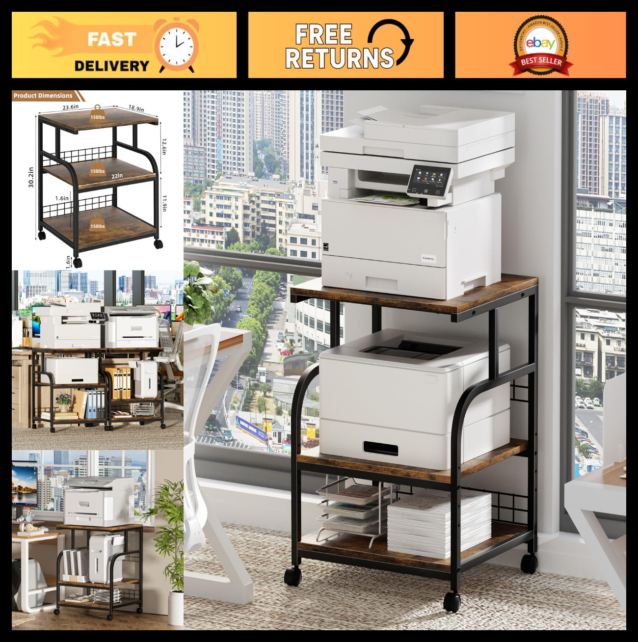 Large Mobile Printer Stand with Storage, 3-Tier Rolling Cart, Lockable Wheels, A