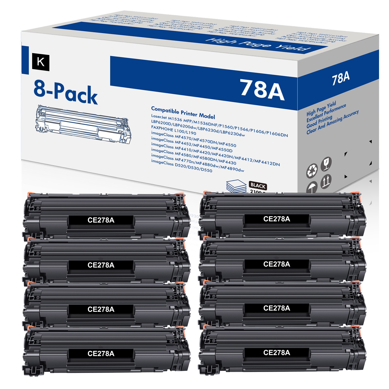 8 Pack CE278A Toner Compatible With HP LaserJet Pro M1536dn P1600 P1606 P1560