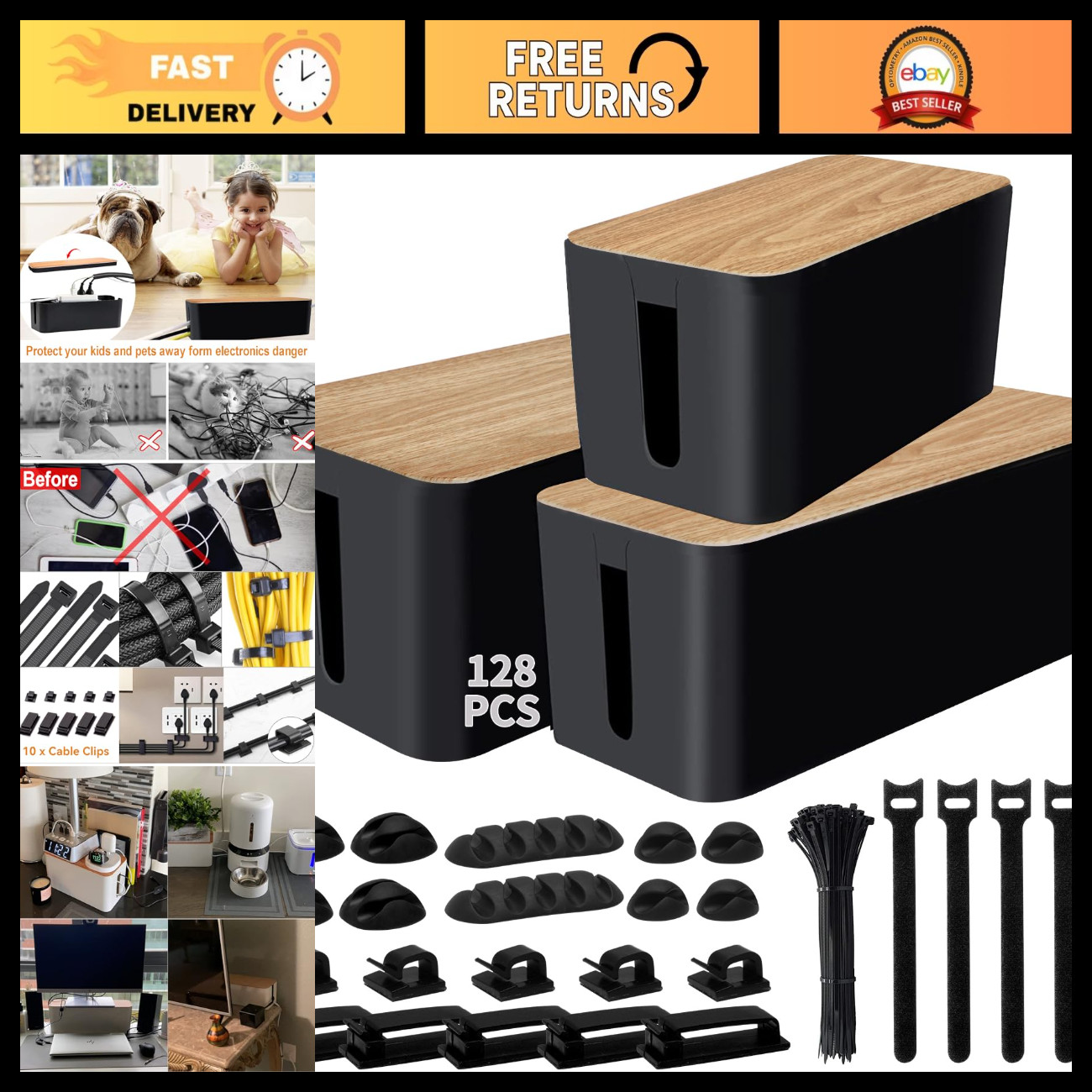 128PCS Cable Management Kit - 3 Pack Cord Hider Boxes for Power Strips, Wire Org