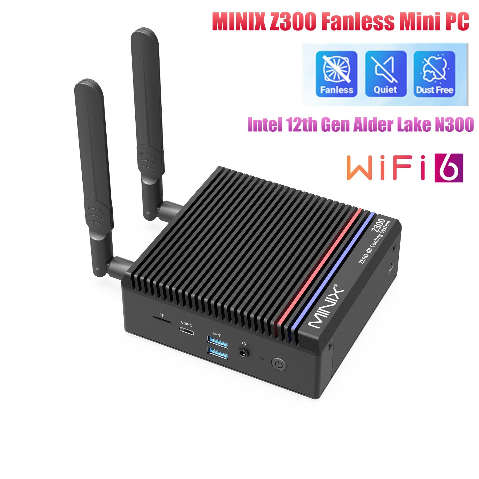 MINIX NEO Z300-0dB Fanless Mini PC, Intel 12th N300 16G 512G SSD Win 11 WiFi6 4k
