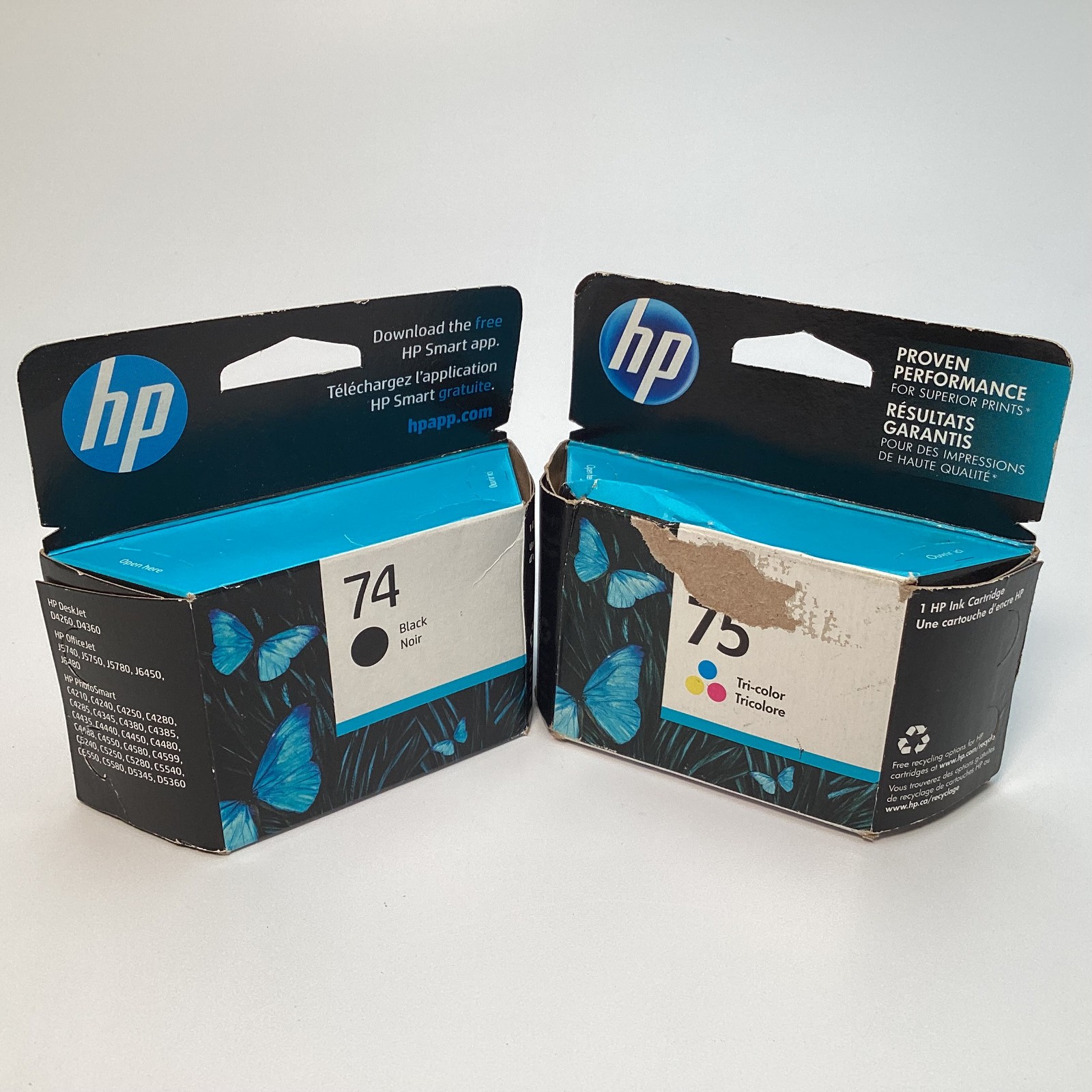 HP 74 & 75 Black/Tri-Color Ink Cartridges CB335WN CB337WN - 02/2019 & 04/2025