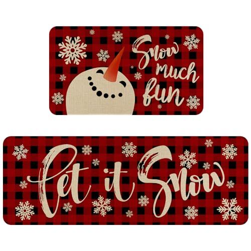 Christmas Kitchen Rugs Set of 2,Winter Snowman Snowflake Kitchen Let It Snow