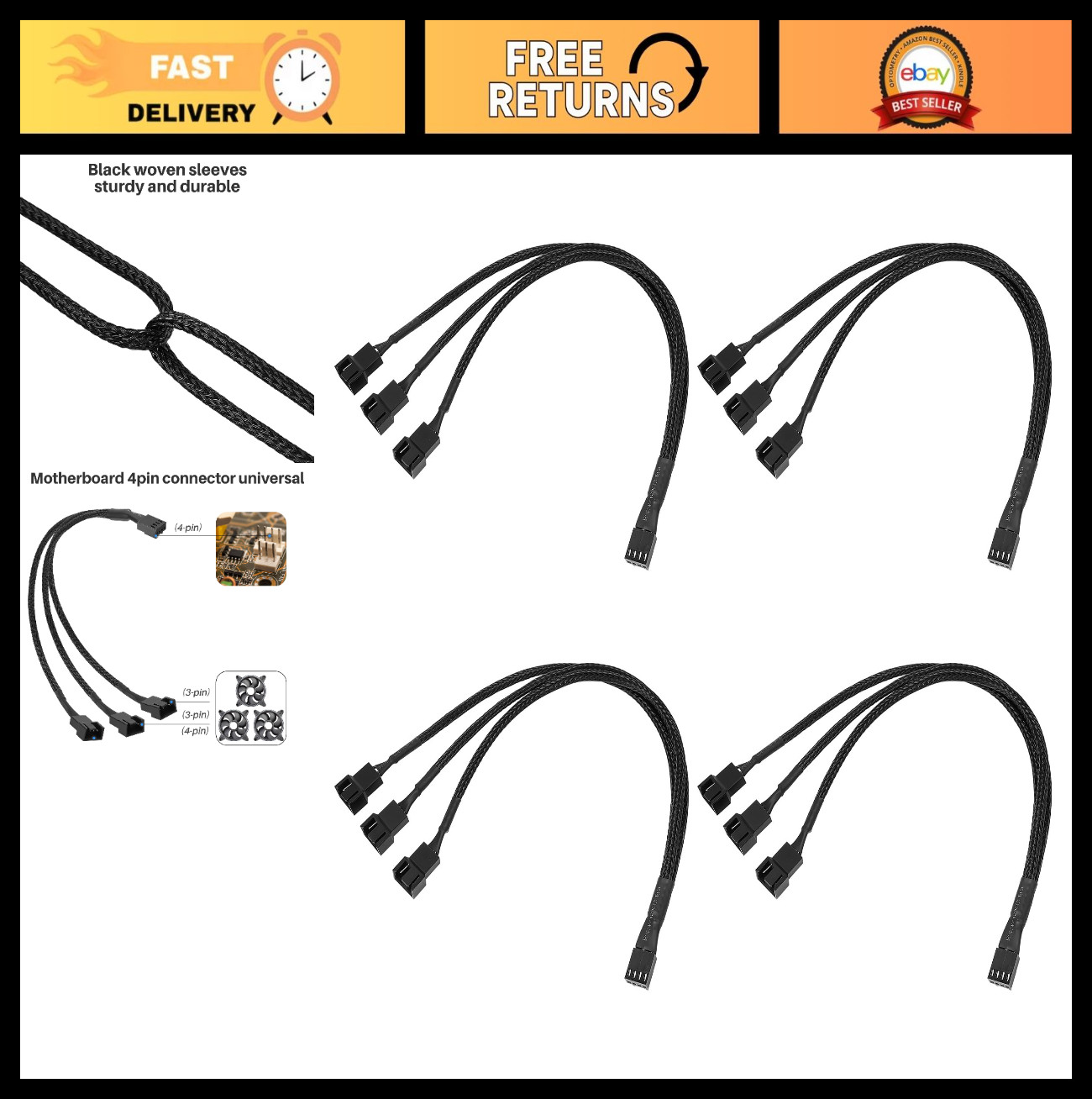 4-Pack 3 Way 4-Pin PWM Fan Splitter Cable, 12" PC Cooling Fan Extension, Black