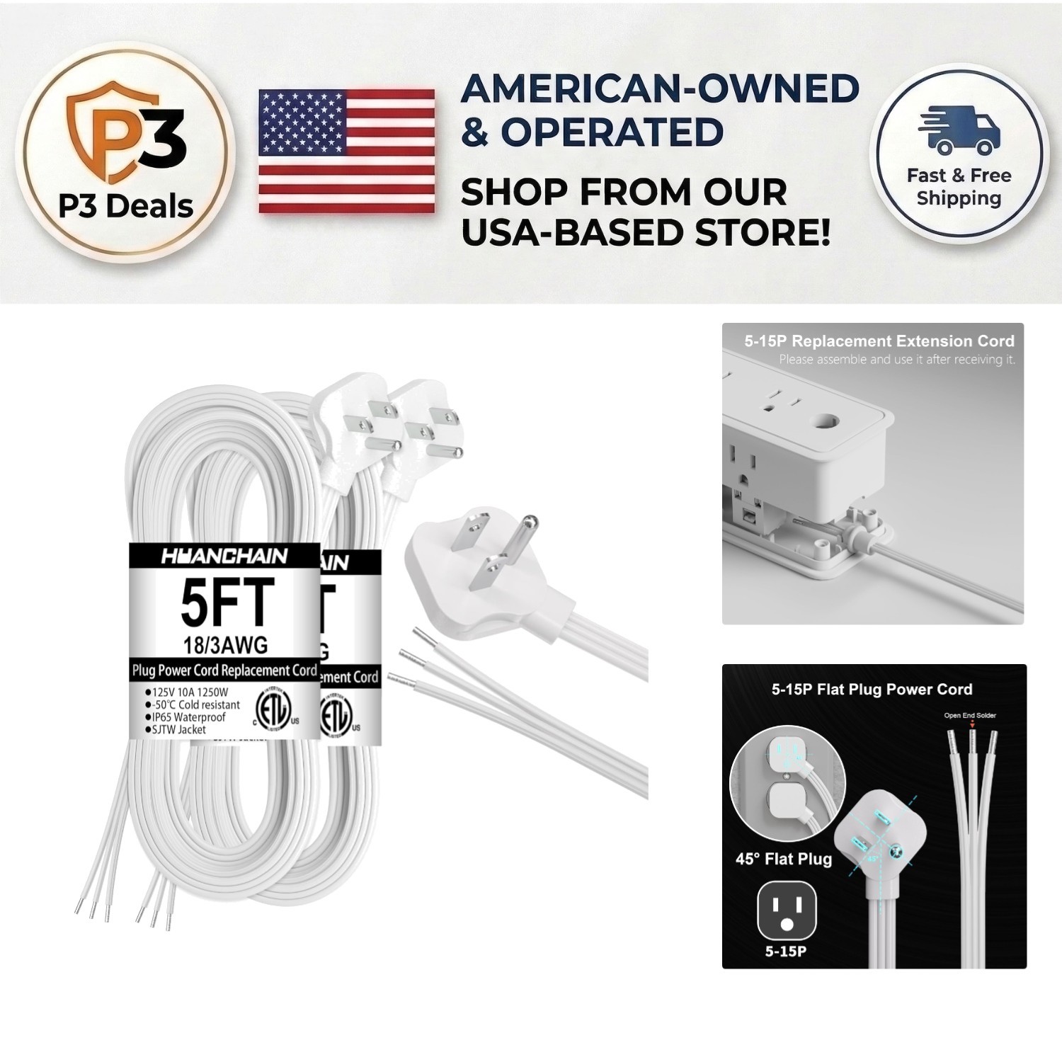 Customizable 5ft Flat Plug Extension Cord 2 Pack - Safe & Space-Saving Design