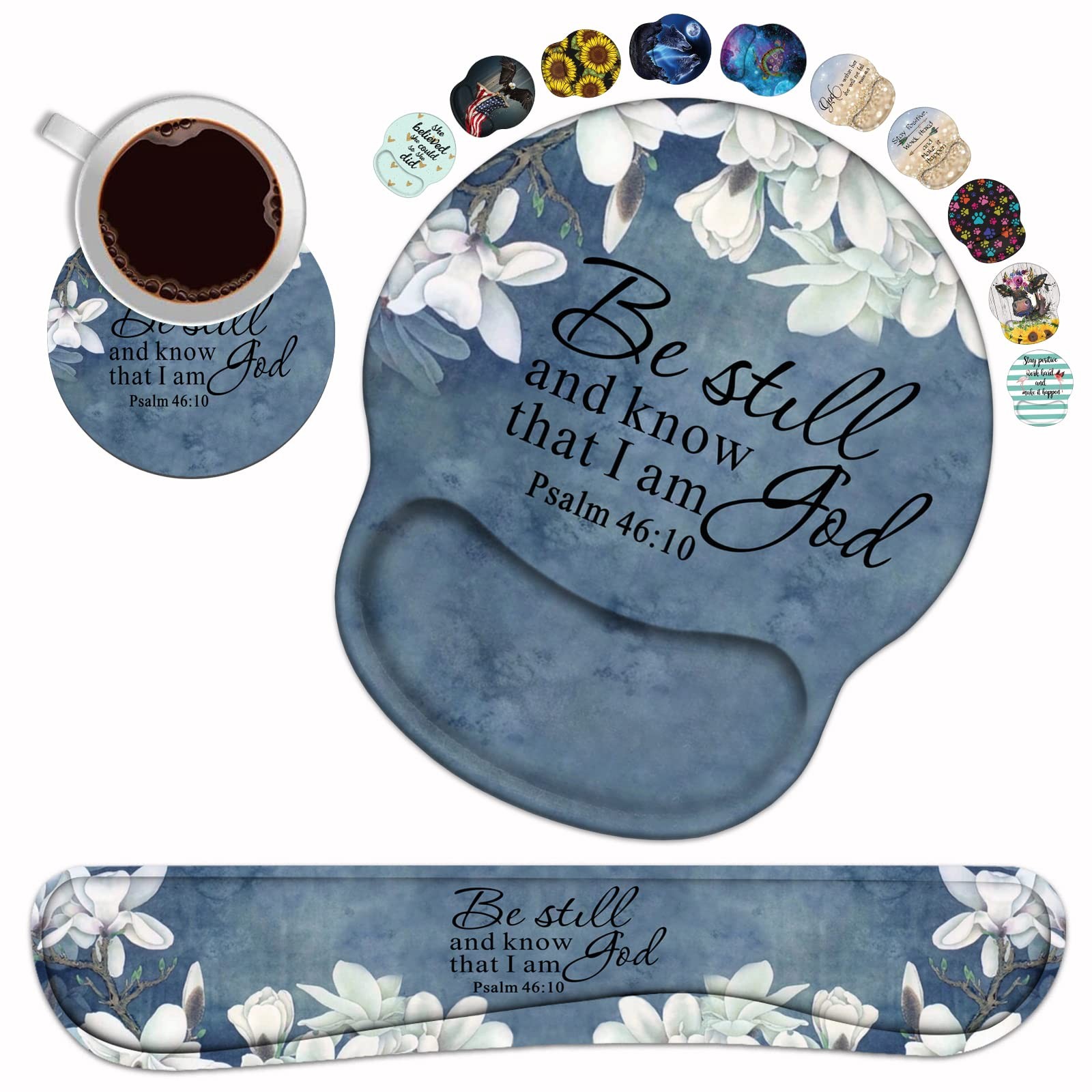 Keyboard Wrist Rest and Pad Wrist Set with Coasters, Christian Bible Verse Ps...