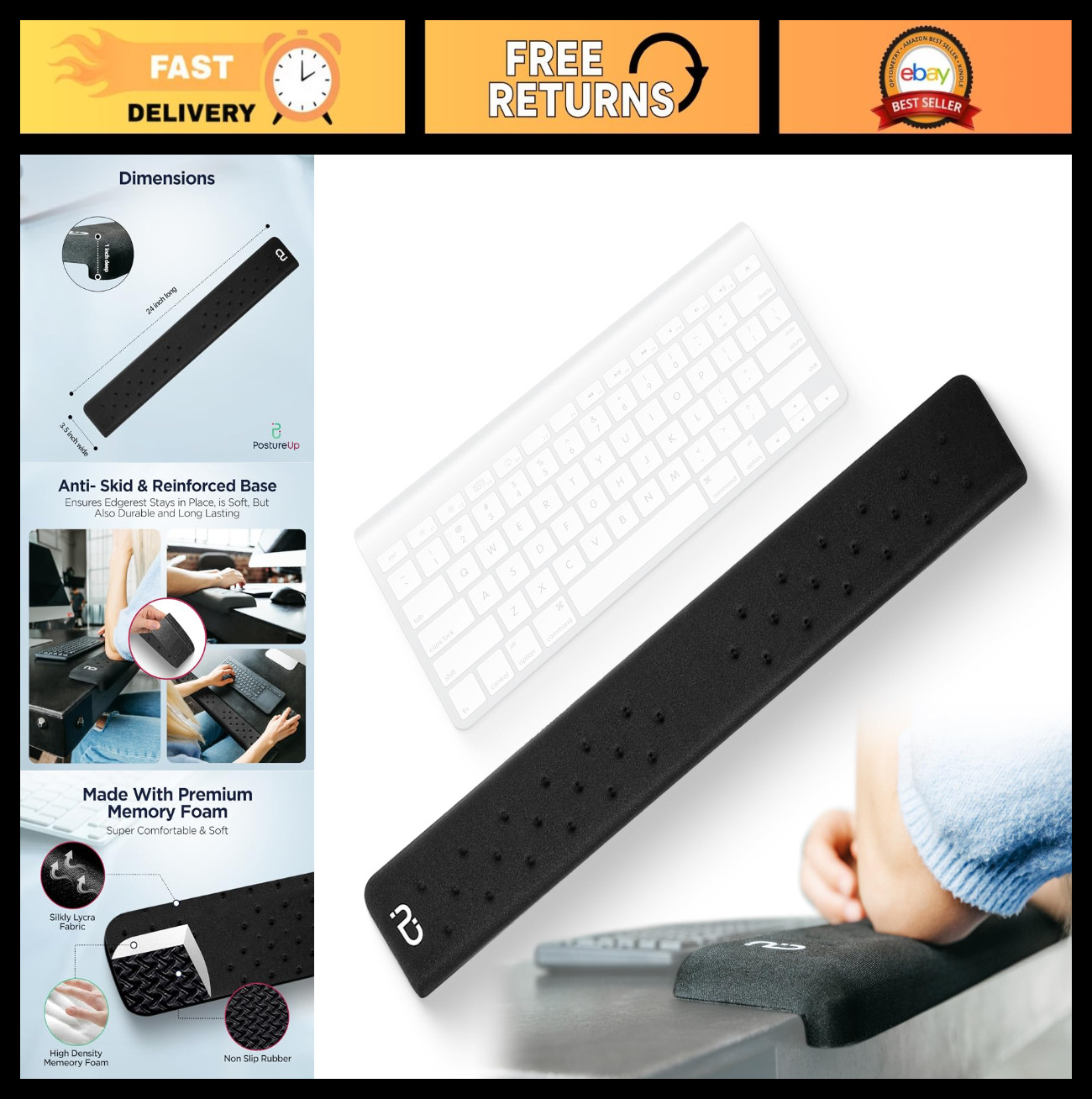 Ergonomic L-Shaped Desk Wrist Rest - Memory Foam Elbow & Forearm Support, Non-Sl