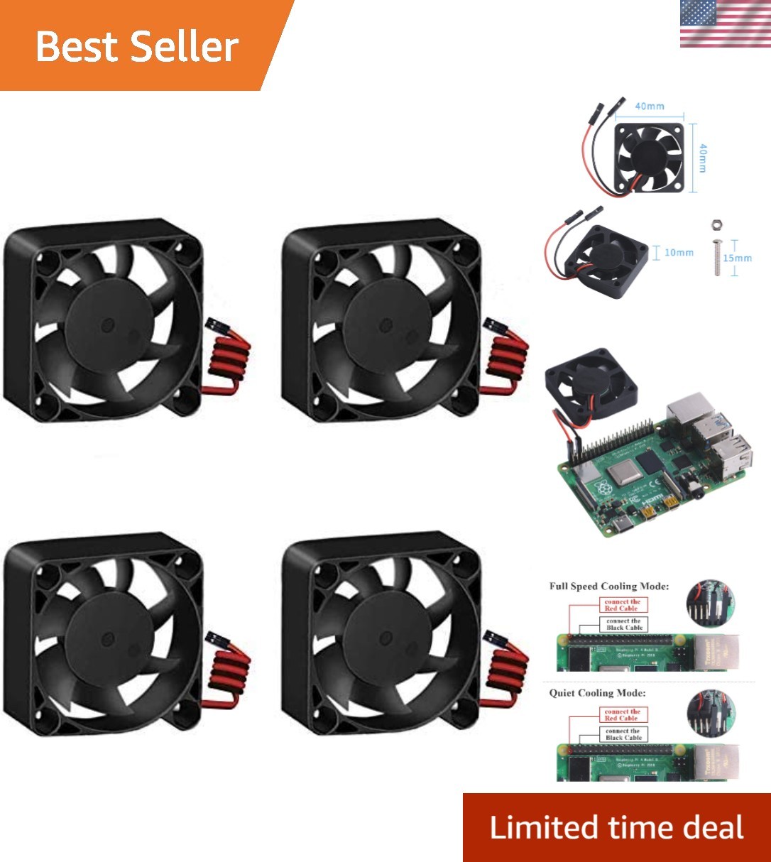 4pcs Black DC 5V Cooling Fans for Raspberry Pi - Quiet, High Performance Cooling