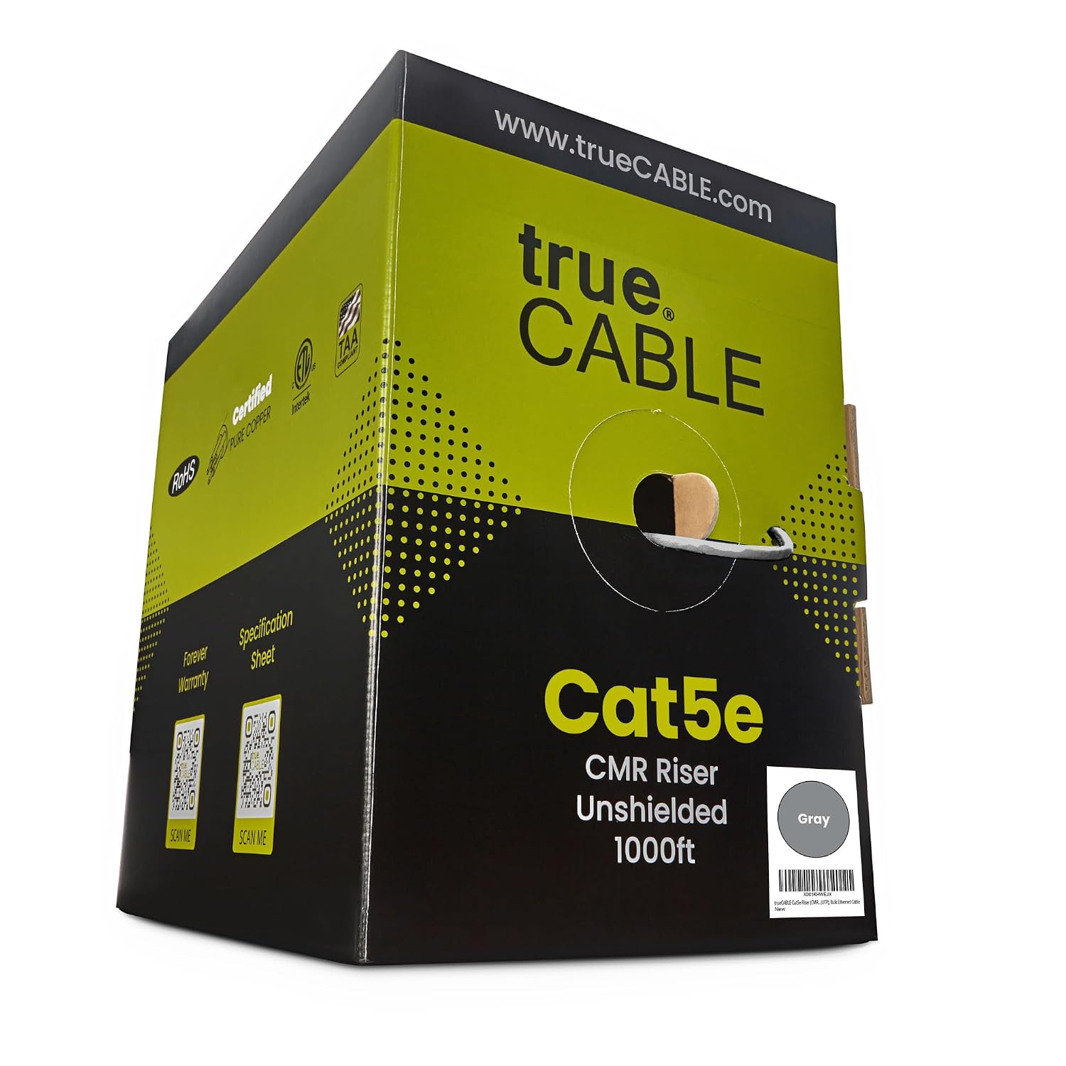 Truecable Cat5E Riser (CMR), 1000Ft, Gray, 24AWG 4 Pair Solid Bare Copper, 350Mh