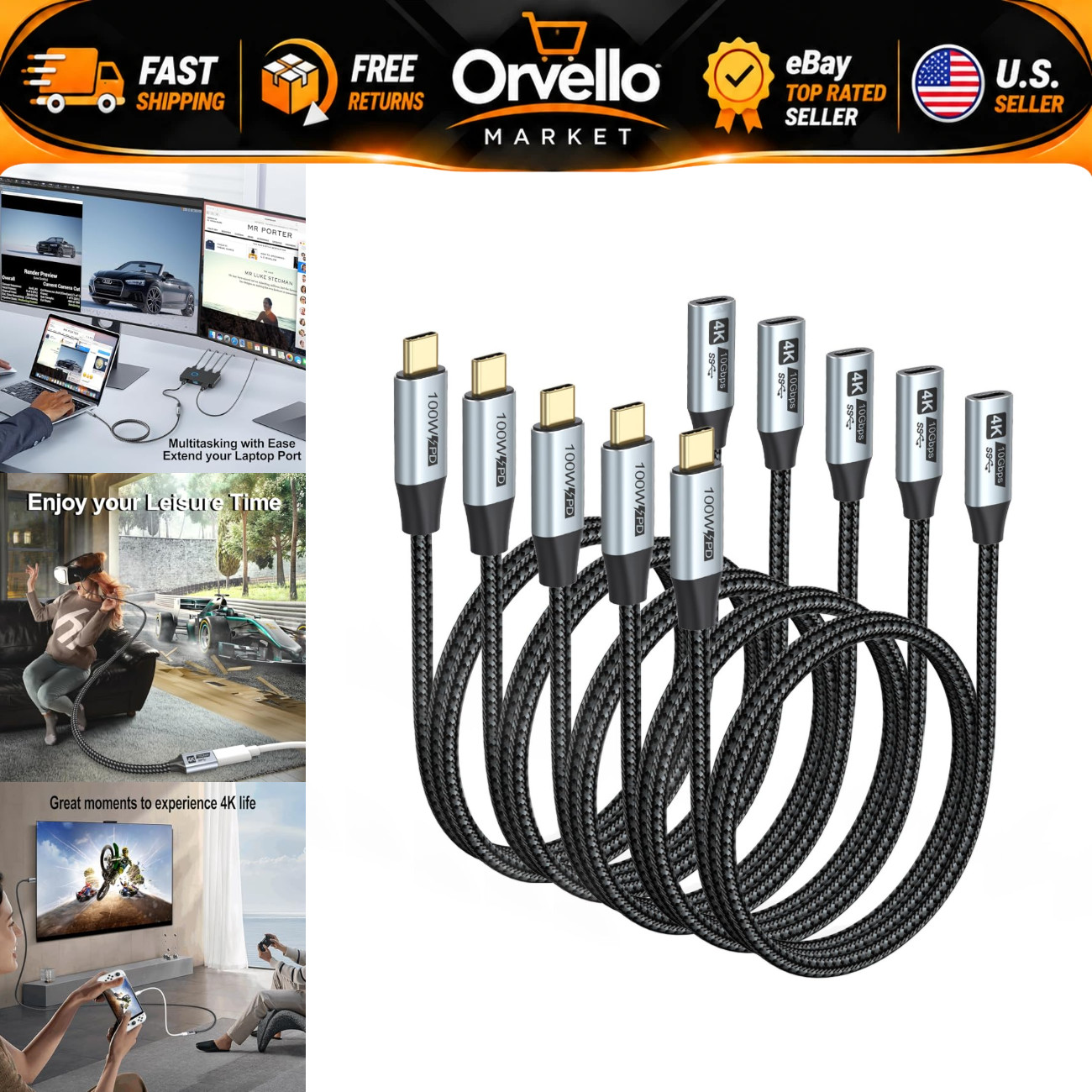 6FT USB C Extension Cable 5-Pack - 100W Power, 10Gbps Data, 4K@60Hz Video