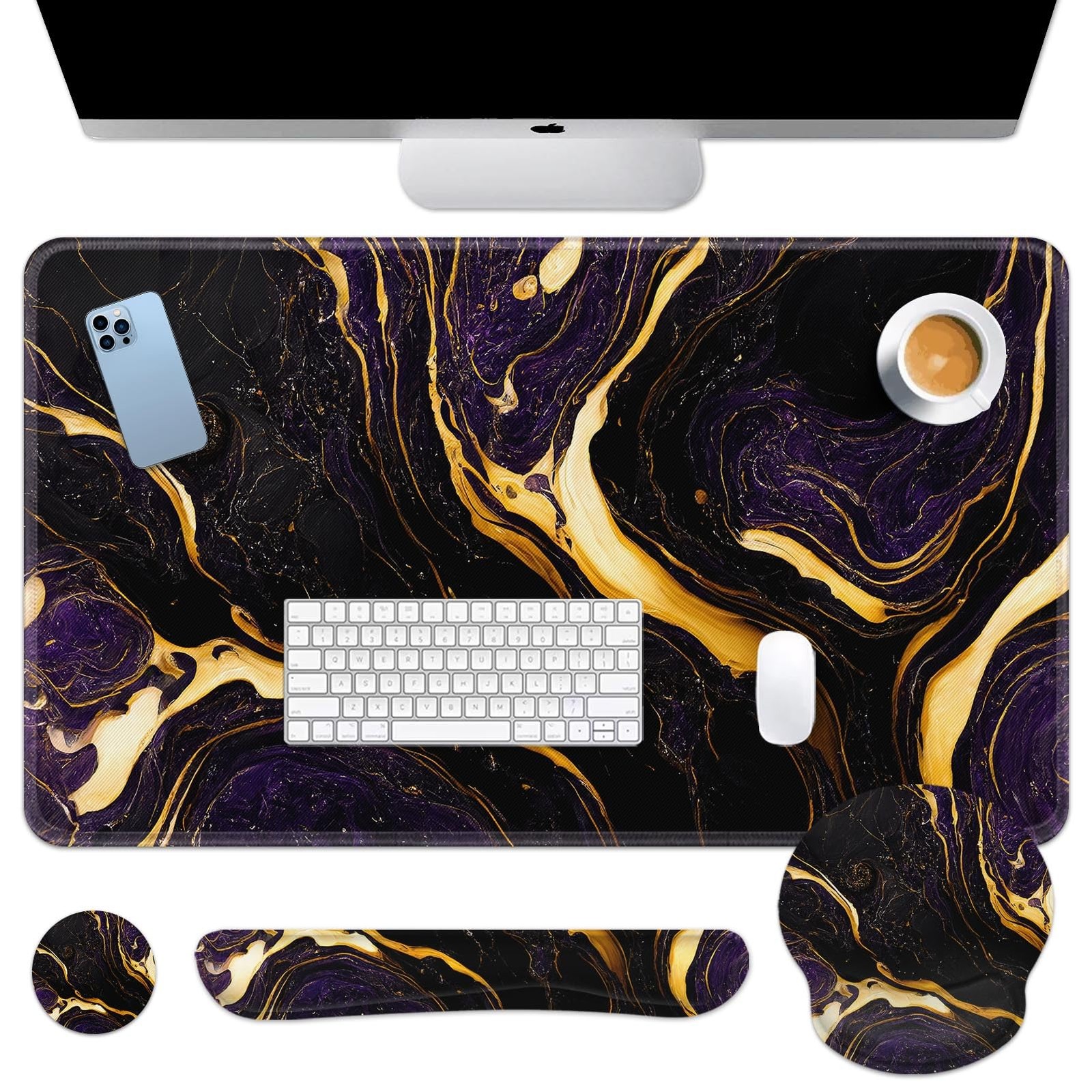 Britimes MK3122 Keyboard Mouse Pad Set 4 in 1 Desk Mat Purple Black Marble