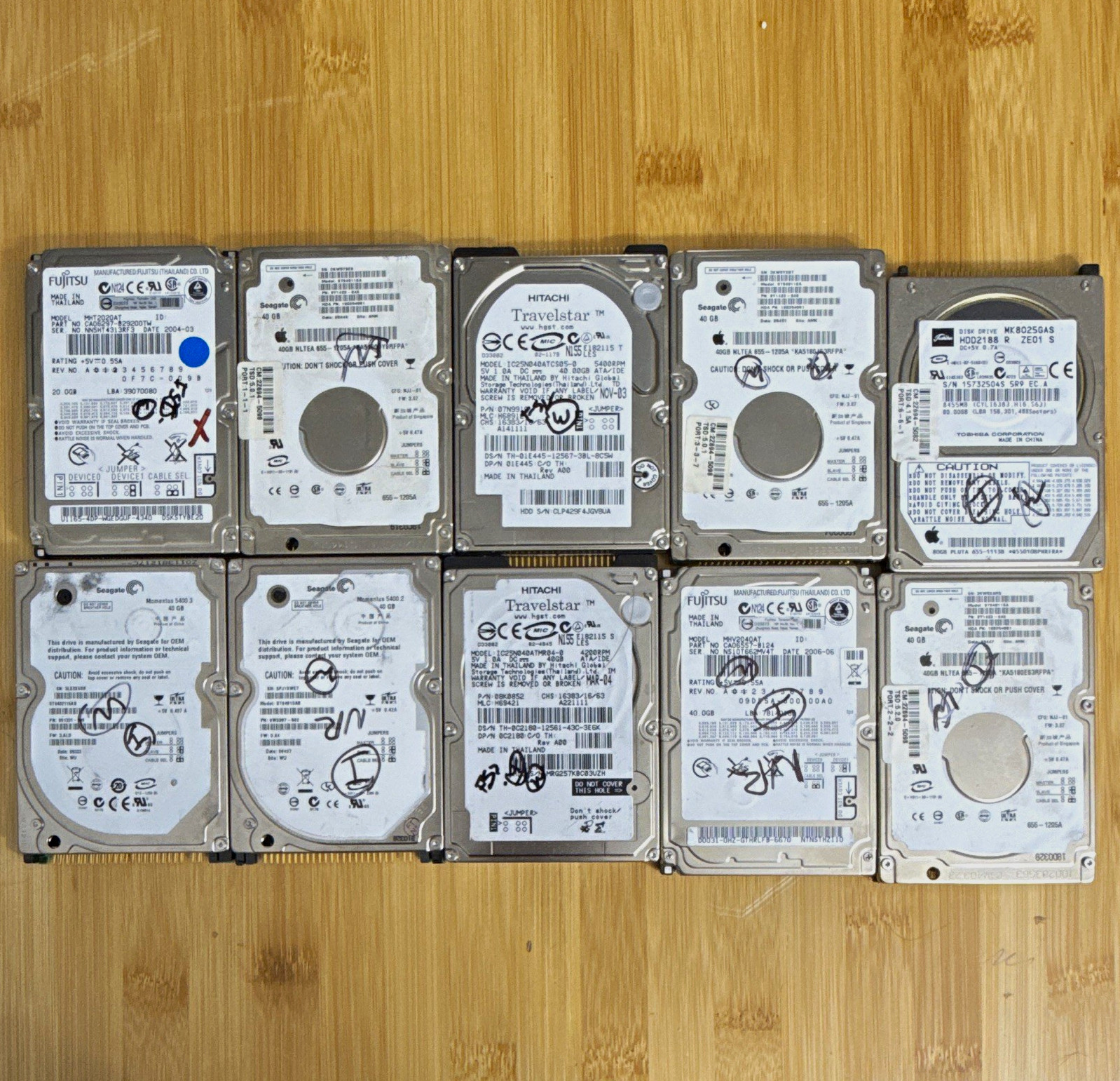 Lot of 10 Mixed Brand 2.5 Inch IDE Drives, Wiped