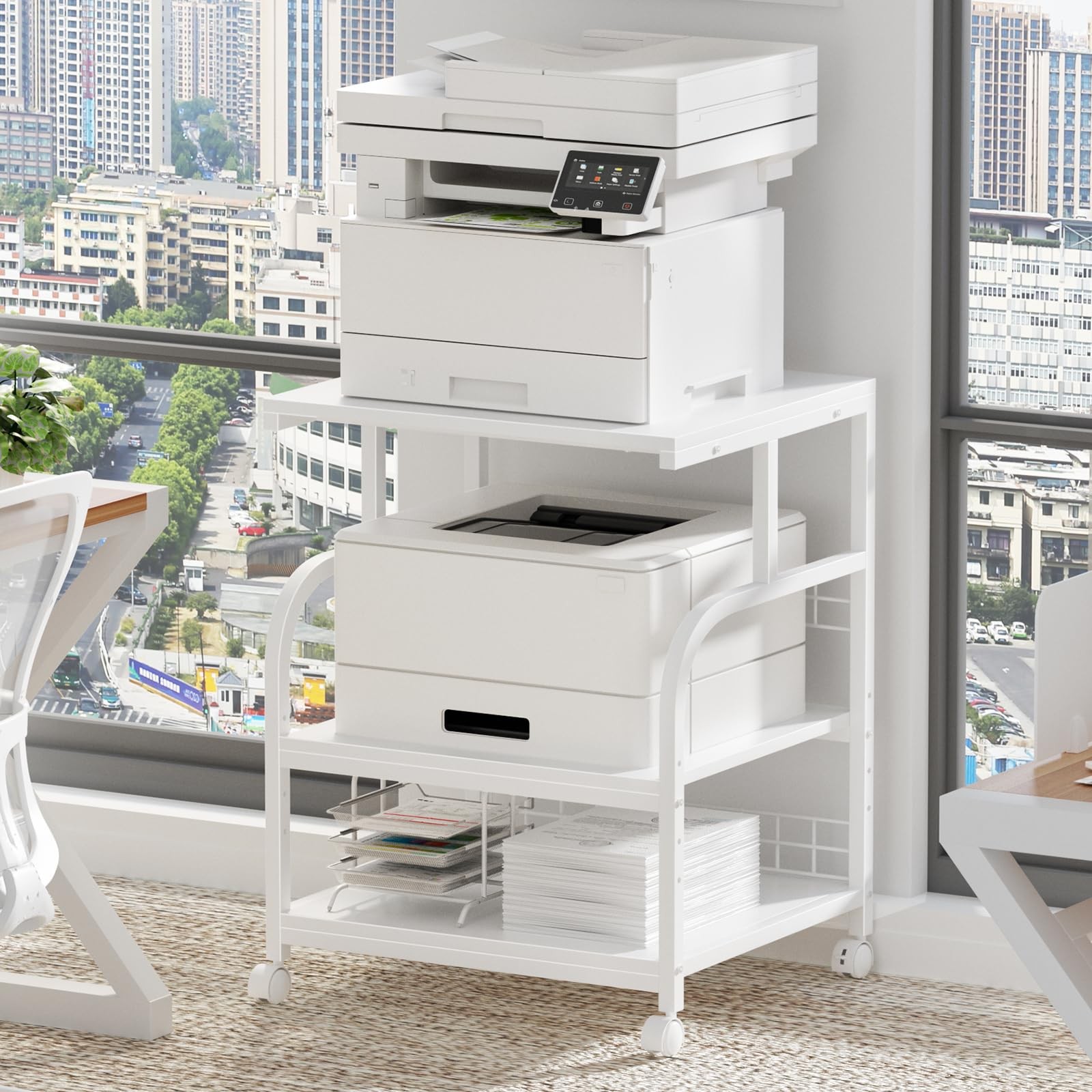 3 Tier White Large Printer Stand with Adjustable Storage Shelf