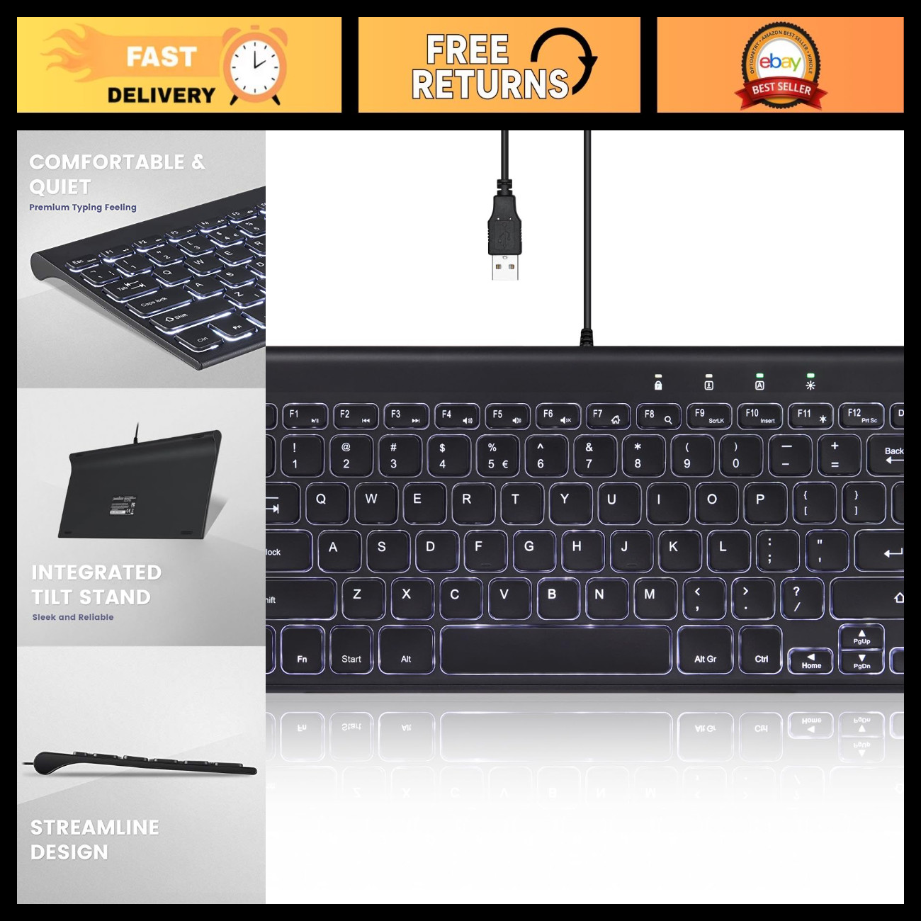 Wired Mini Backlit Keyboard - Thin Silent Scissor Keys - White LED - US Layout