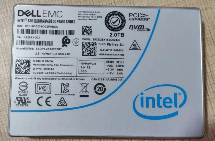 DELL 2TB Intel SSD P4510 Series DC NVME U.2 2.5" SSDPE2KX020T8T 09H31J