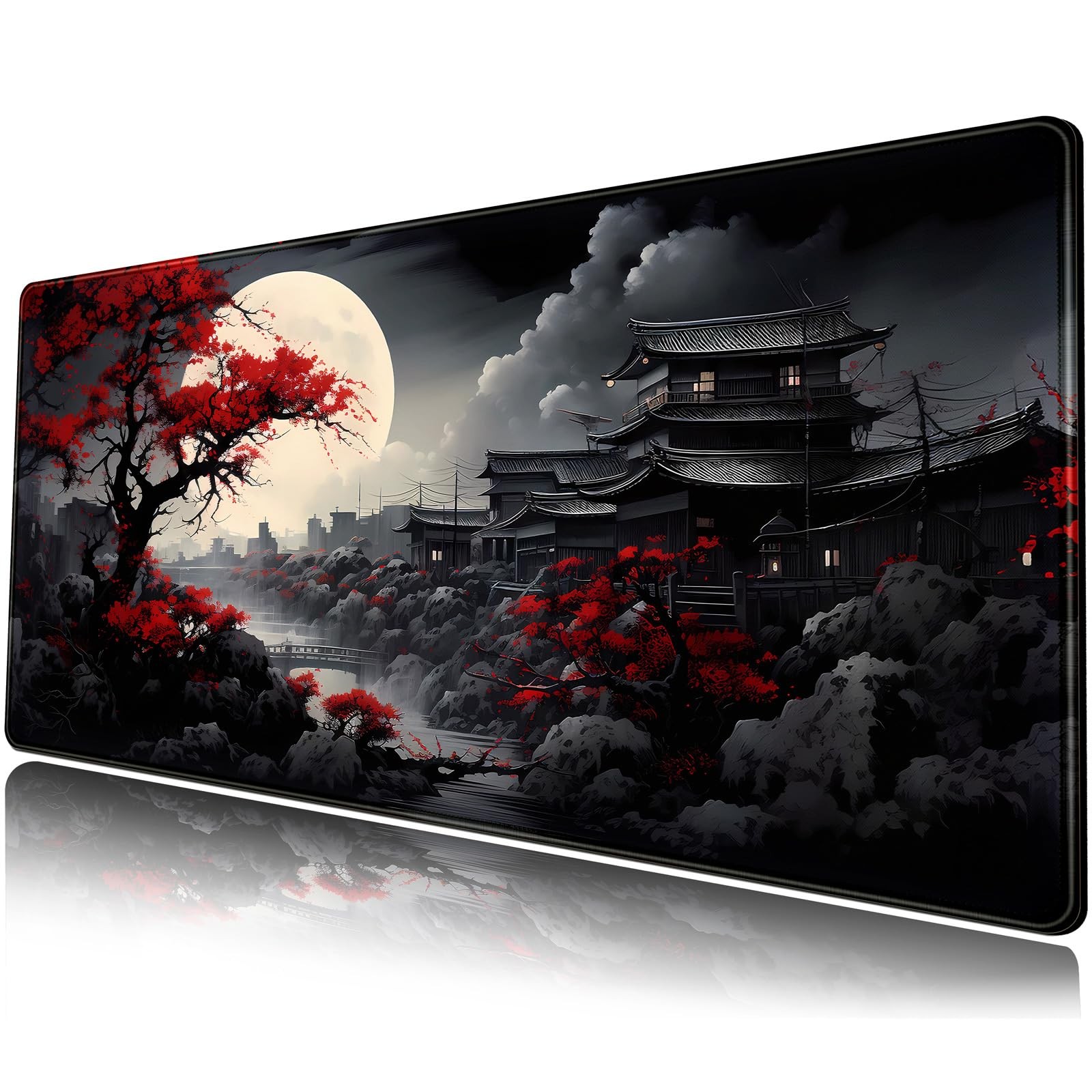 Riverside Full Moon Desk Mat Japanese Desk Pad Black Red Large Mouse Pad Gami...