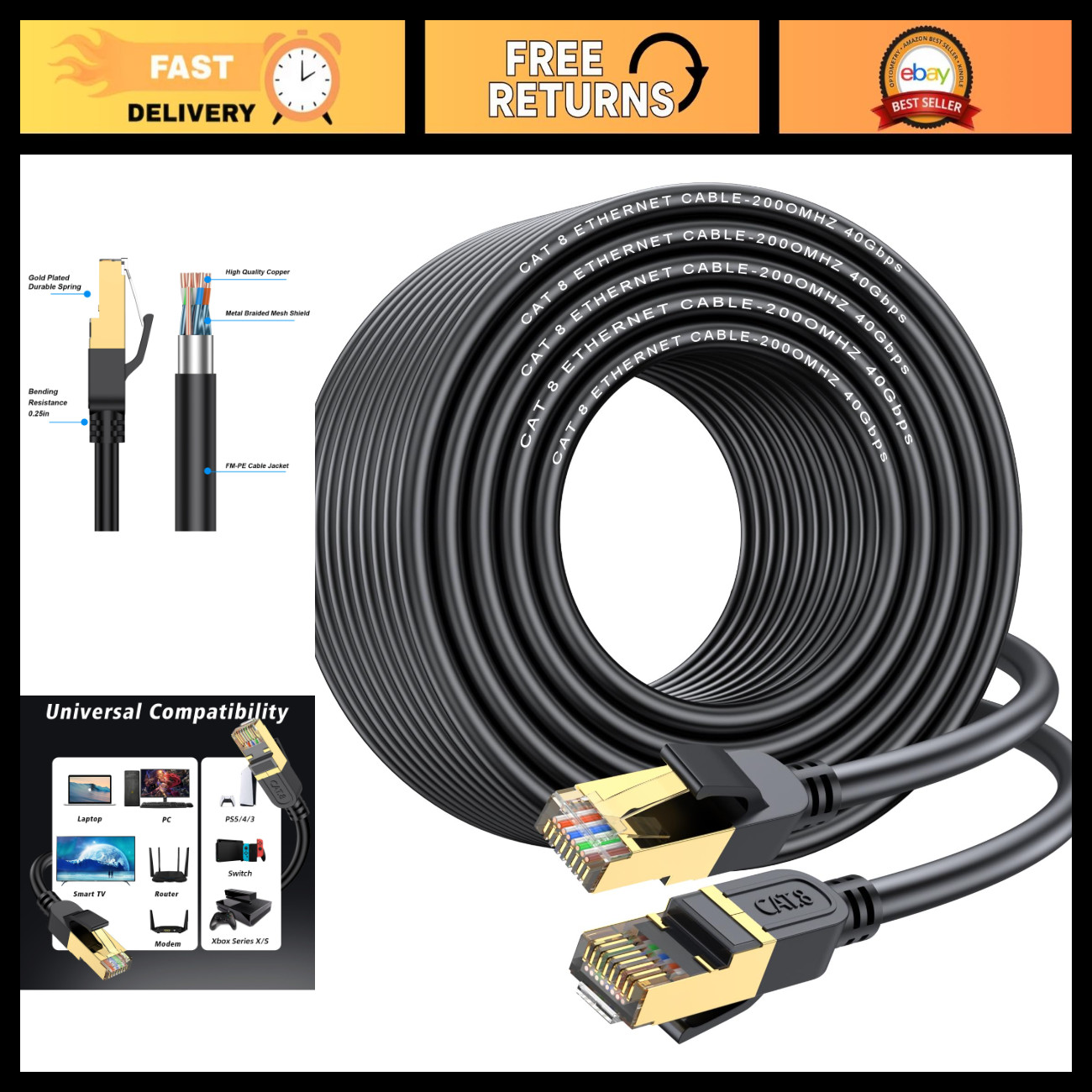 High-Speed Cat 8 Ethernet Cable 100FT, 40Gbps, 2000MHz, Gold Plated RJ45, Indoor