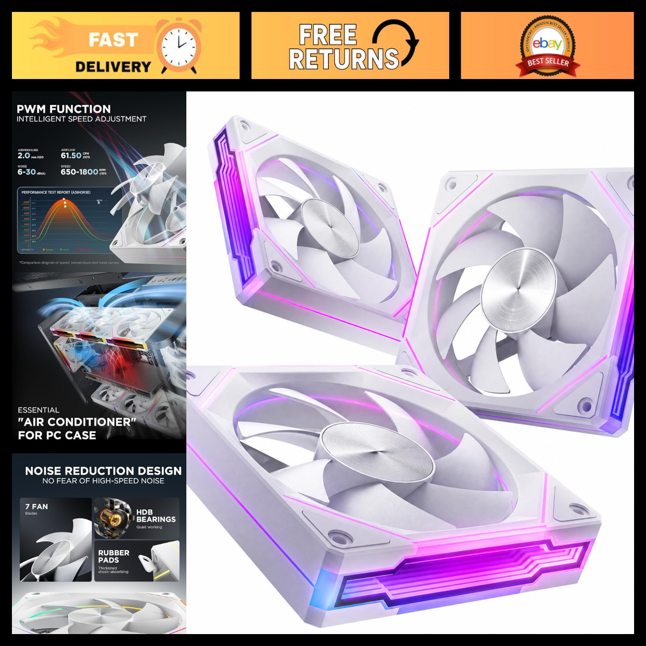 120mm ARGB PC Fans - Ultra-Quiet  30dB, 1800 RPM, 12 LED Lights, Aura SYNC Compa