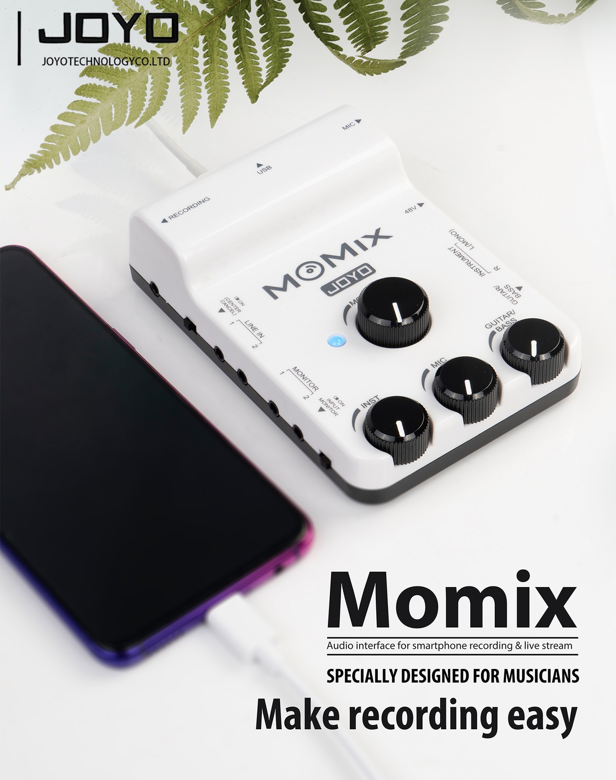 JOYO MOMIX 48V Audio Interface Mixer for Live Streaming Recording, Guitar Bass