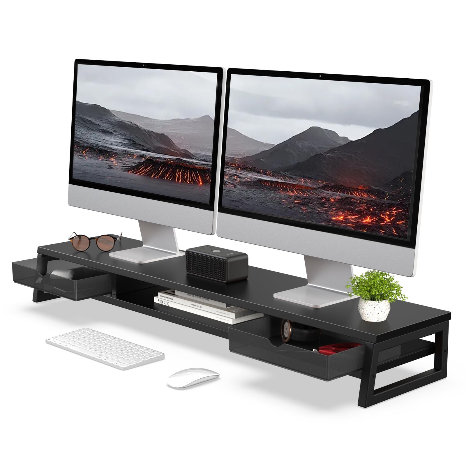 Fenge Dual Monitor Stand Riser, 42.5in Desk Shelf with 2 Drawers, Black