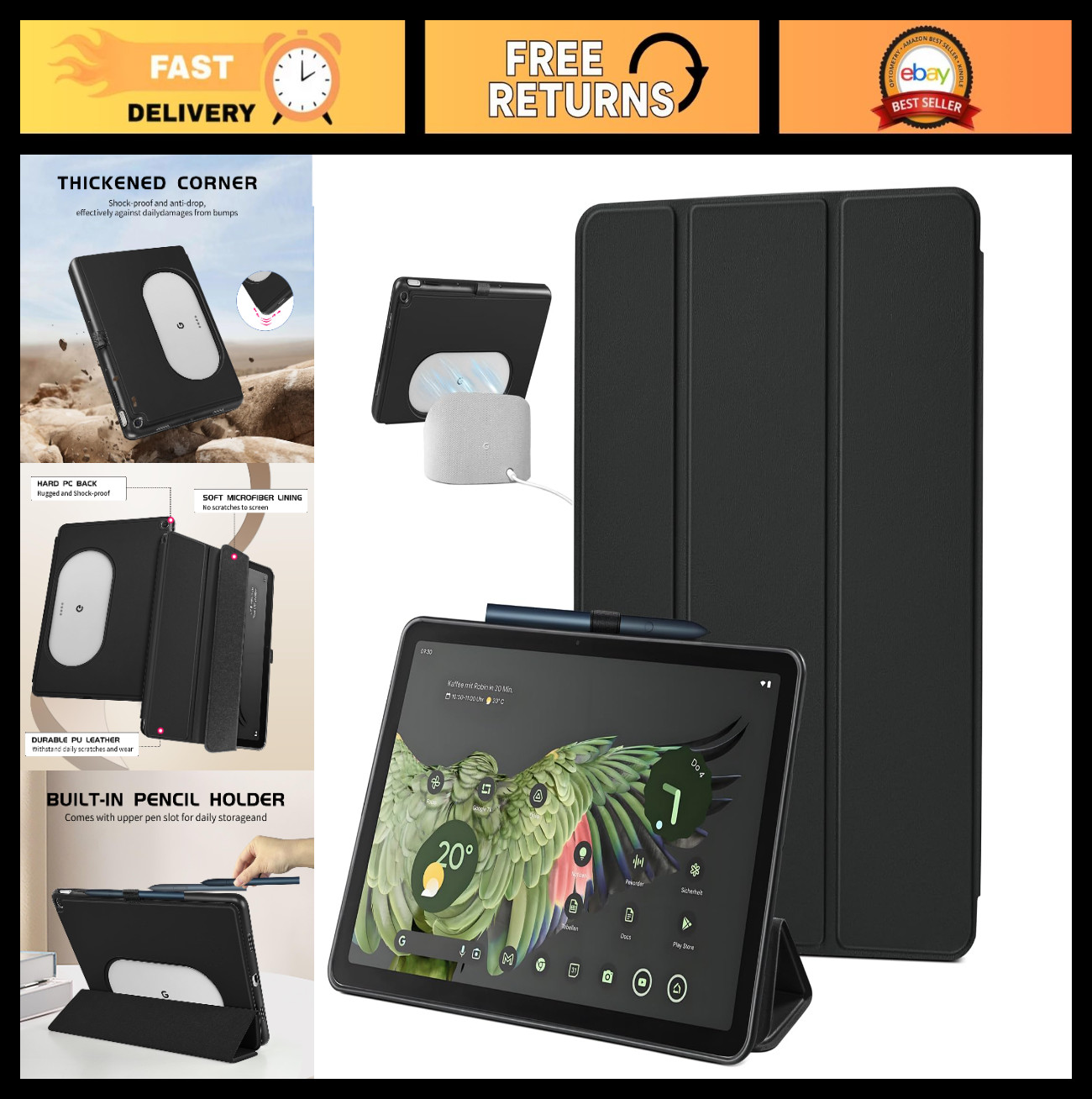 11" Google Pixel Tablet Case, Adjustable Trifold Stand, Slim Cover with Pencil H